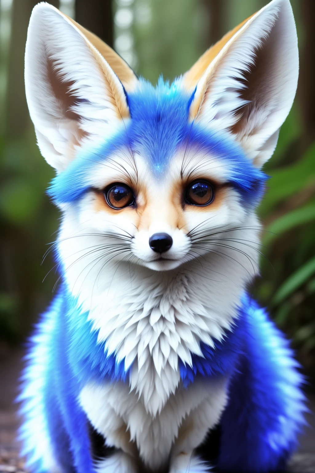 A mystical, enchanting creature resembling a fox with a beautiful, shimmering blue coat, known as a sarusaru - s2. (Magical:1.1), (Fennec fox:1.3), (SARAS:1.5), (Glowing fur:1.4), ethereal, mythical being, (enchanting:1.2), (graceful:1.3), pose, moonlit forest, glowing eyes, captivating smile, intricate details, HDR, cinematic shot, surreal, otherworldly, magical realism, sparkling eyes, shiny nose, inviting demeanor, hyperreal