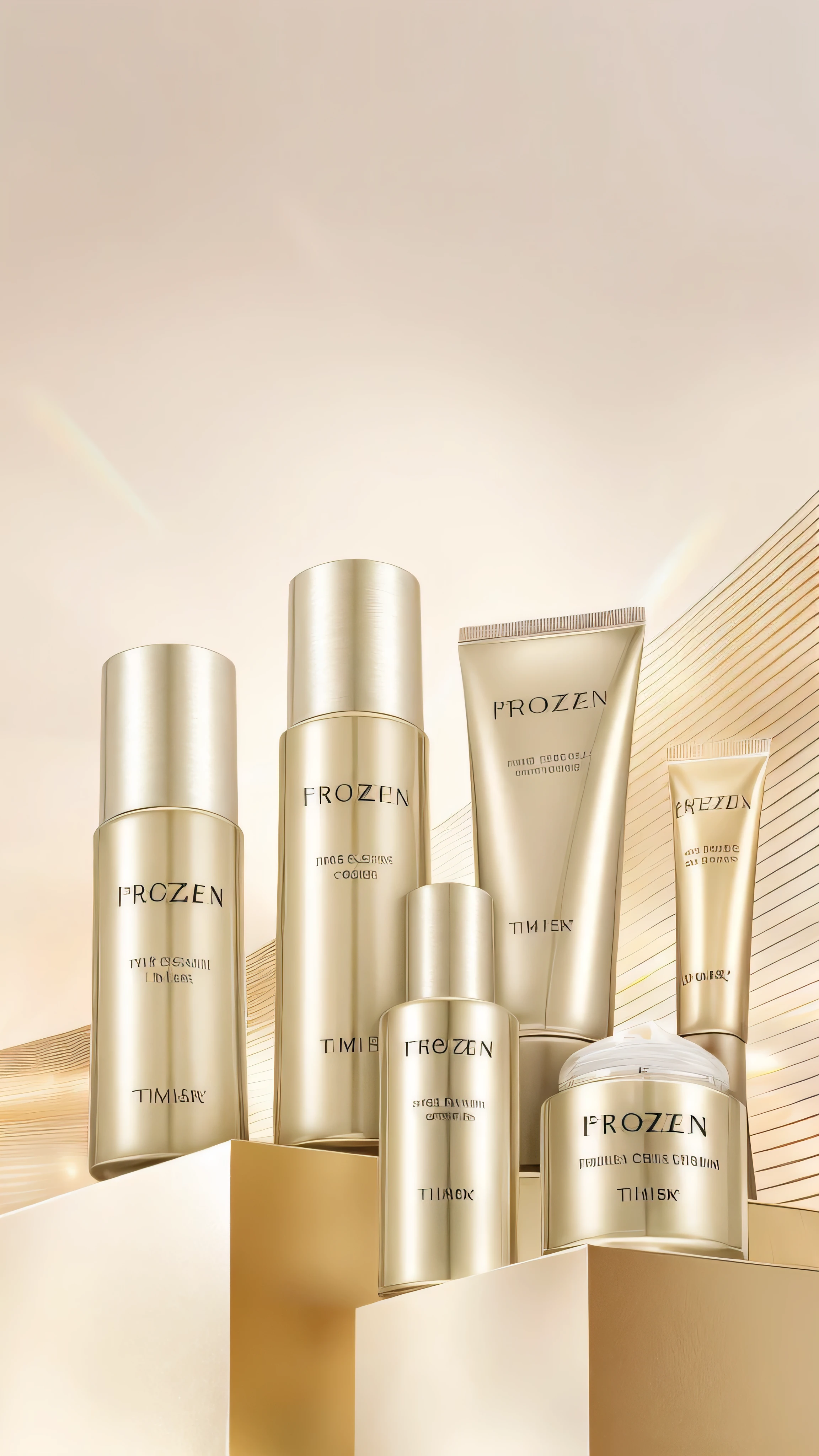 a close up of a group of different skin care products, frozen time effect, frozen time, timeless, frozen, smooth golden skin, crisp smooth lines, skincare, moment frozen in time, award-winning style, frozen in time, frozen in motion, shiny skin”, fozen ice hard edges, skin care, freezing, shades of gold display naturally, new design