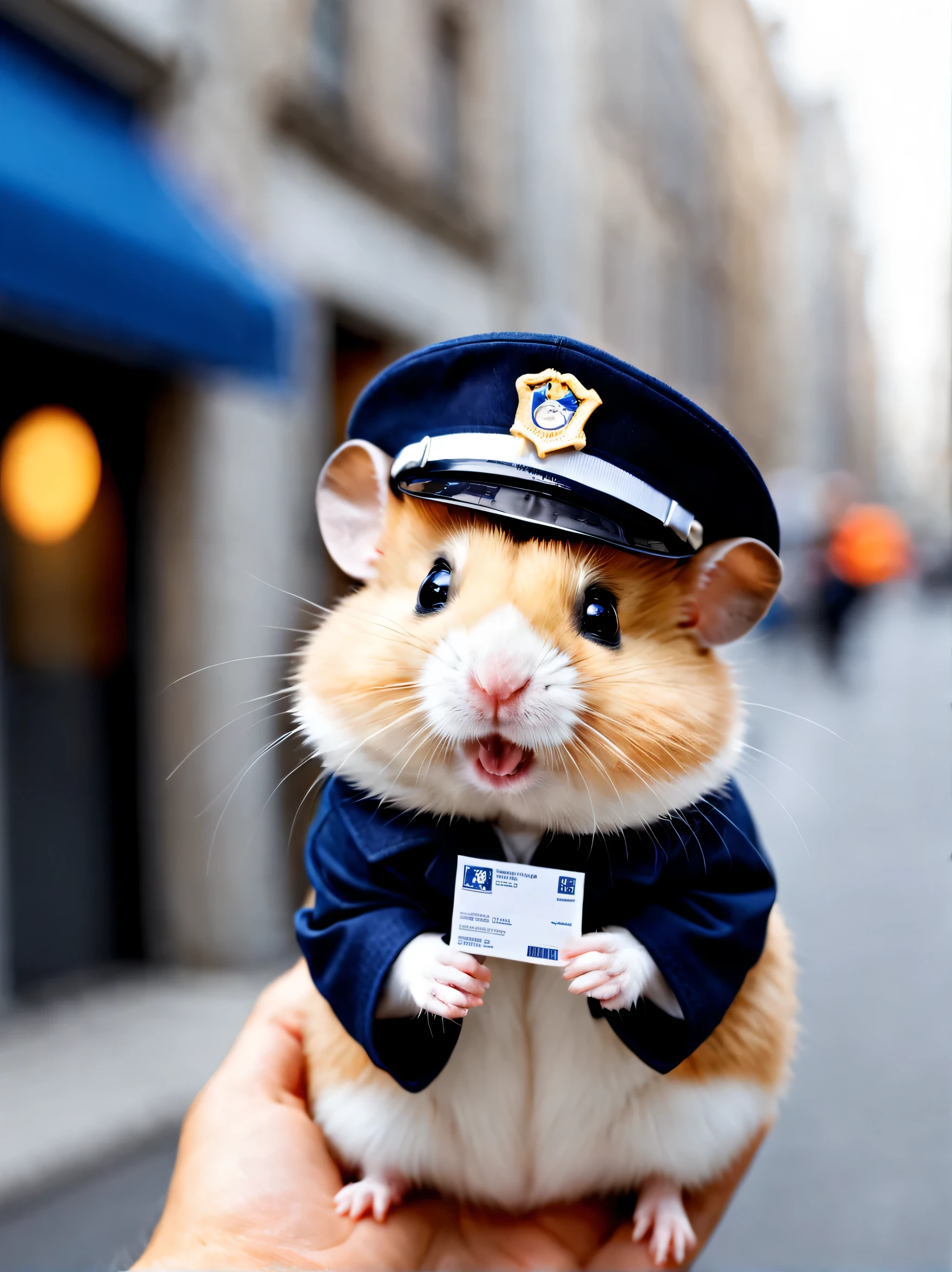 はがきを配るハムスターのPostal worker,Postal worker#39;Clothing details,Postal workerの制服:Navy blue,post office hat,joy,happiness,blurred background,urban background,cute,Fluffy hamsters,最高にcuteハムスター