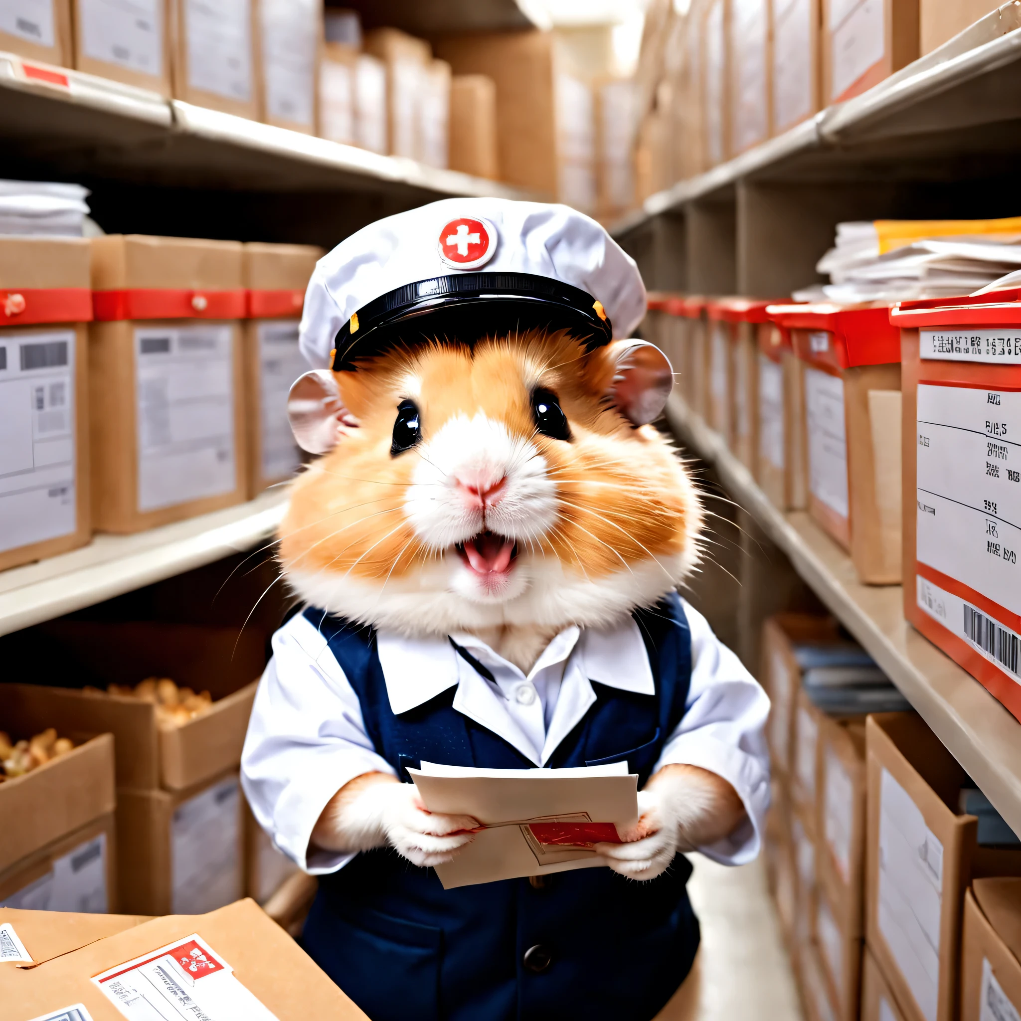 ハムスターのPostal worker,Sorting postcards,Postal worker#39;Clothing details,Postal workerの制服,post office hat,picture postcard,,happiness,blurred background,Background inside the post office,cute,Fluffy hamsters,最高にcuteハムスター,masterpiece,advertising photo,fantasy,hamster sized city