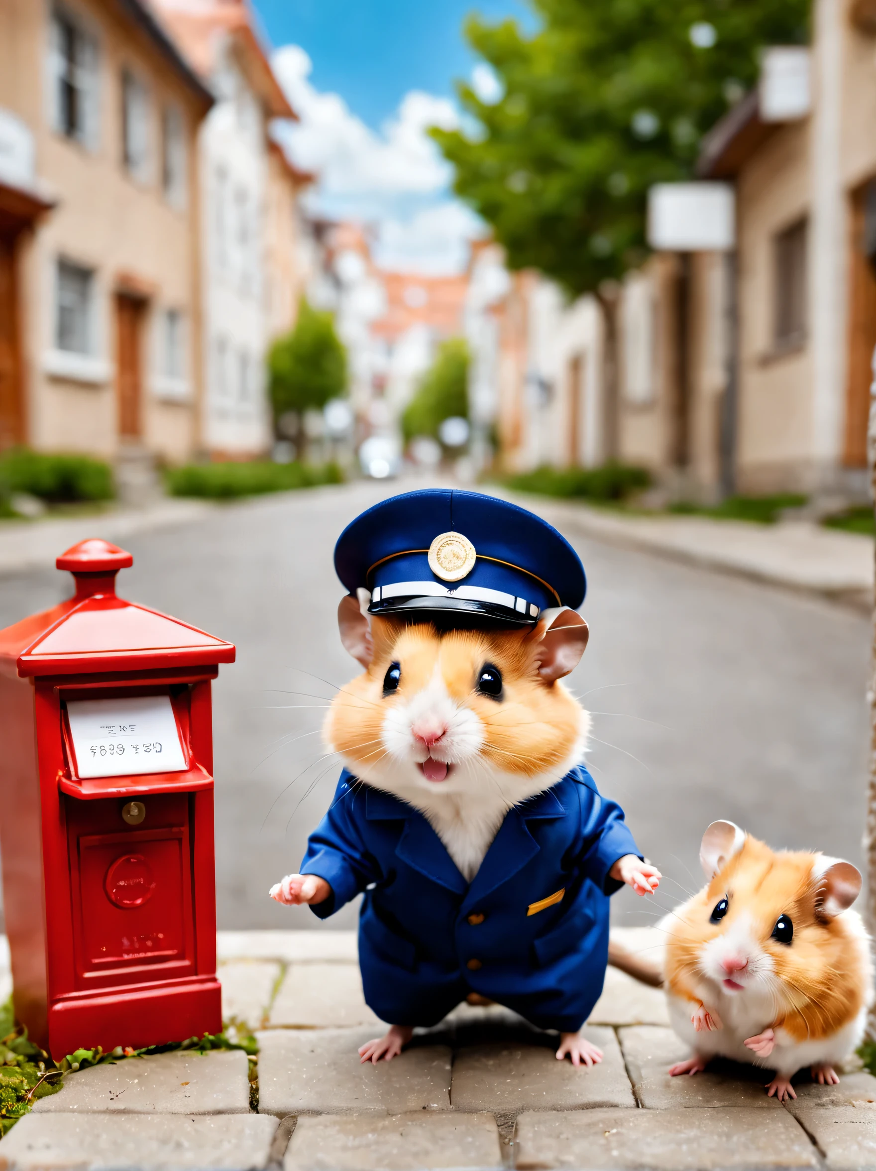 ハムスターのPostal worker,Post a postcard to a mailbox at a private residence,Postal worker#39;Clothing details,Postal workerの制服,post office hat,picture postcard,,happiness,blurred background,urban background,cute,Fluffy hamsters,最高にcuteハムスター,masterpiece,advertising photo,fantasy,hamster sized city