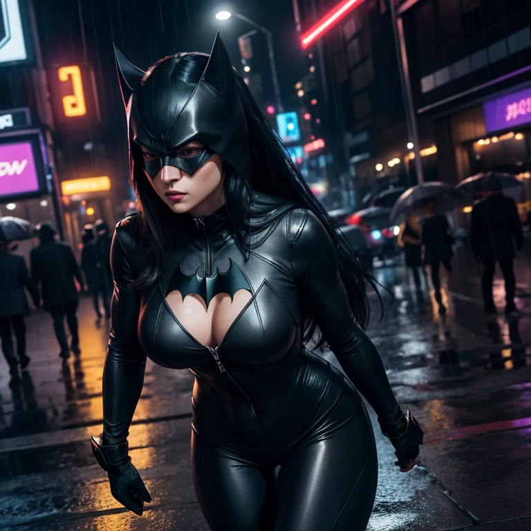 Batwoman, in the dimly lit cityscape, dons a sleek and form-fitting outfit that accentuates her toned figure. Her catsuit is adorned with a bat insignia on the chest, and her breasts, enhanced with advanced technology, appear larger and more prominent than natural. Her hair, raven black and slicked back, frames her angular face in the shadows. The night air is cool against her skin as raindrops pelt her body, leaving beads of water on her suit. The city around her comes alive in 8k resolution, neon lights flashing and reflecting off the rain-soaked pavement. The scent of ozone and rain-so