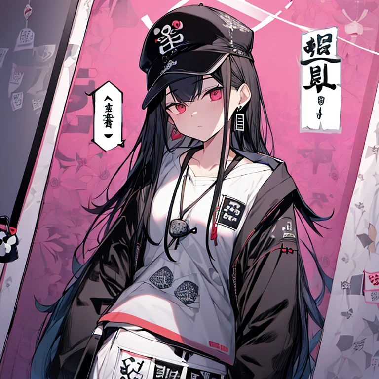 ((8k Sharp)) A girl, Long black Haired, (Long Hairstyles), Wearing Black Hat Cap, Black Earring, Eyes Crimson Vertical, Black Aviator, Wearing Oversized Hoodie Kanji logo Patter design Morden Aesthetic, Cargos Six Pocket, Dog Tag Necklace, Background,(Kanji pattern with Aesthetic:1.5), ray,backlighting,masterpiece,best quality,exquisite,8k,absurdres,super fine illustration,(looking at viewer), (Smugly expression