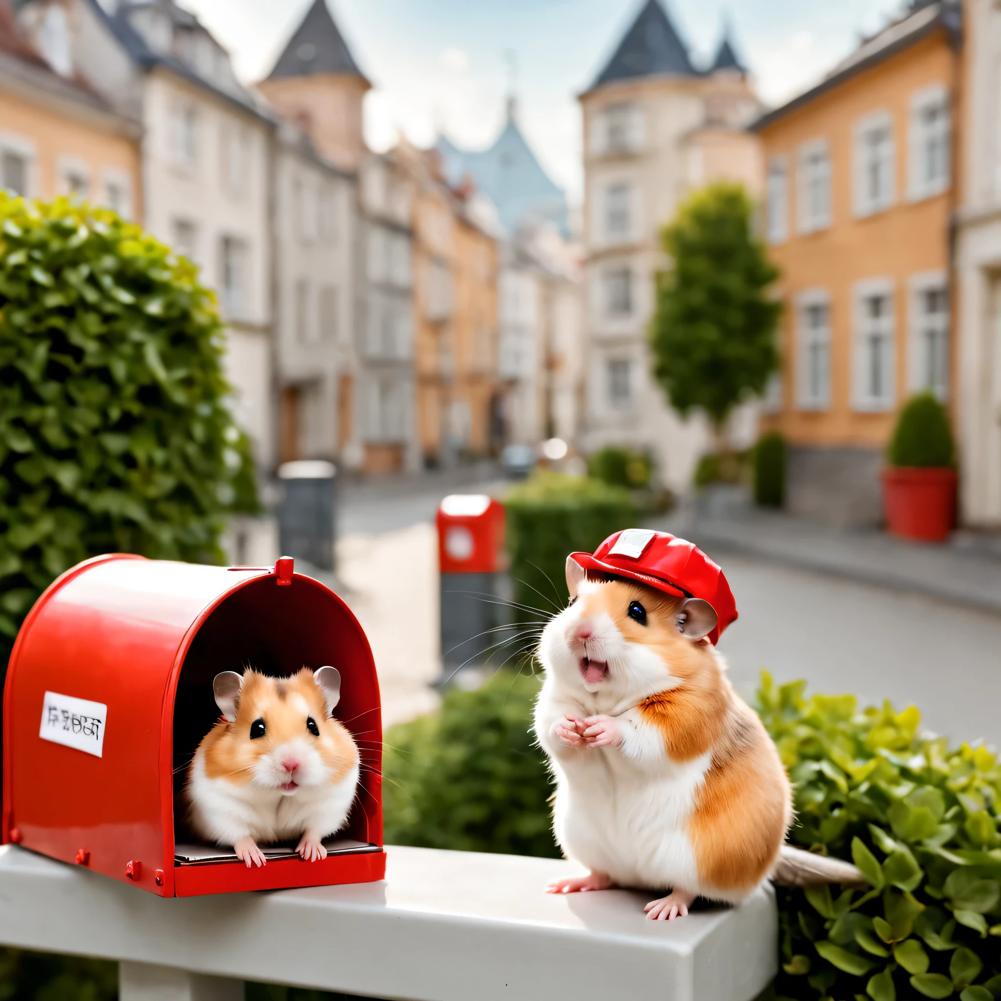 ハムスターのPostal worker,Post a postcard to a mailbox at a private residence,Postal worker#39;Clothing details,Postal workerの制服,post office hat,picture postcard,,happiness,blurred background,urban background,cute,Fluffy hamsters,最高にcuteハムスター,masterpiece,advertising photo,fantasy,hamster sized city