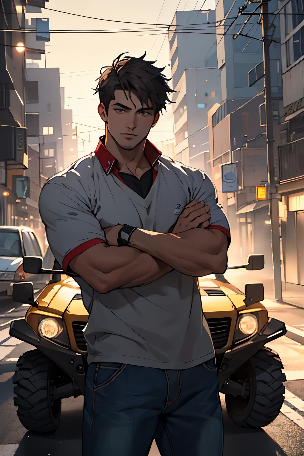 A handsome man leaned against an off-road vehicle with both hands in his arms. The lights were hazy, along the mottled streets((best quality)), ((masterpiece)), (detailed), perfect face
