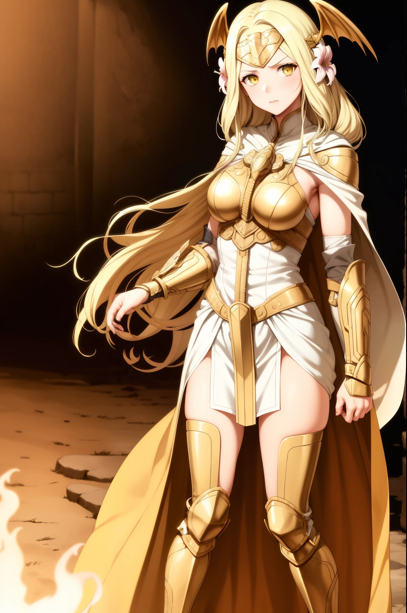 masterpiece, best quality, seiros, head wings, white cape, gold armor, forehead protector, yellow hair, hair flowers, gauntlets, white dress, standing, furrowed brow, looking at viewer, wasteland, fire