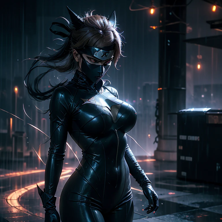 Batwoman, in the dimly lit cityscape, dons a sleek and form-fitting outfit that accentuates her toned figure. Her catsuit is adorned with a bat insignia on the chest, and her breasts, enhanced with advanced technology, appear larger and more prominent than natural. Her hair, raven black and slicked back, frames her angular face in the shadows. The night air is cool against her skin as raindrops pelt her body, leaving beads of water on her suit. The city around her comes alive in 8k resolution, neon lights flashing and reflecting off the rain-soaked pavement. The scent of ozone and rain-so