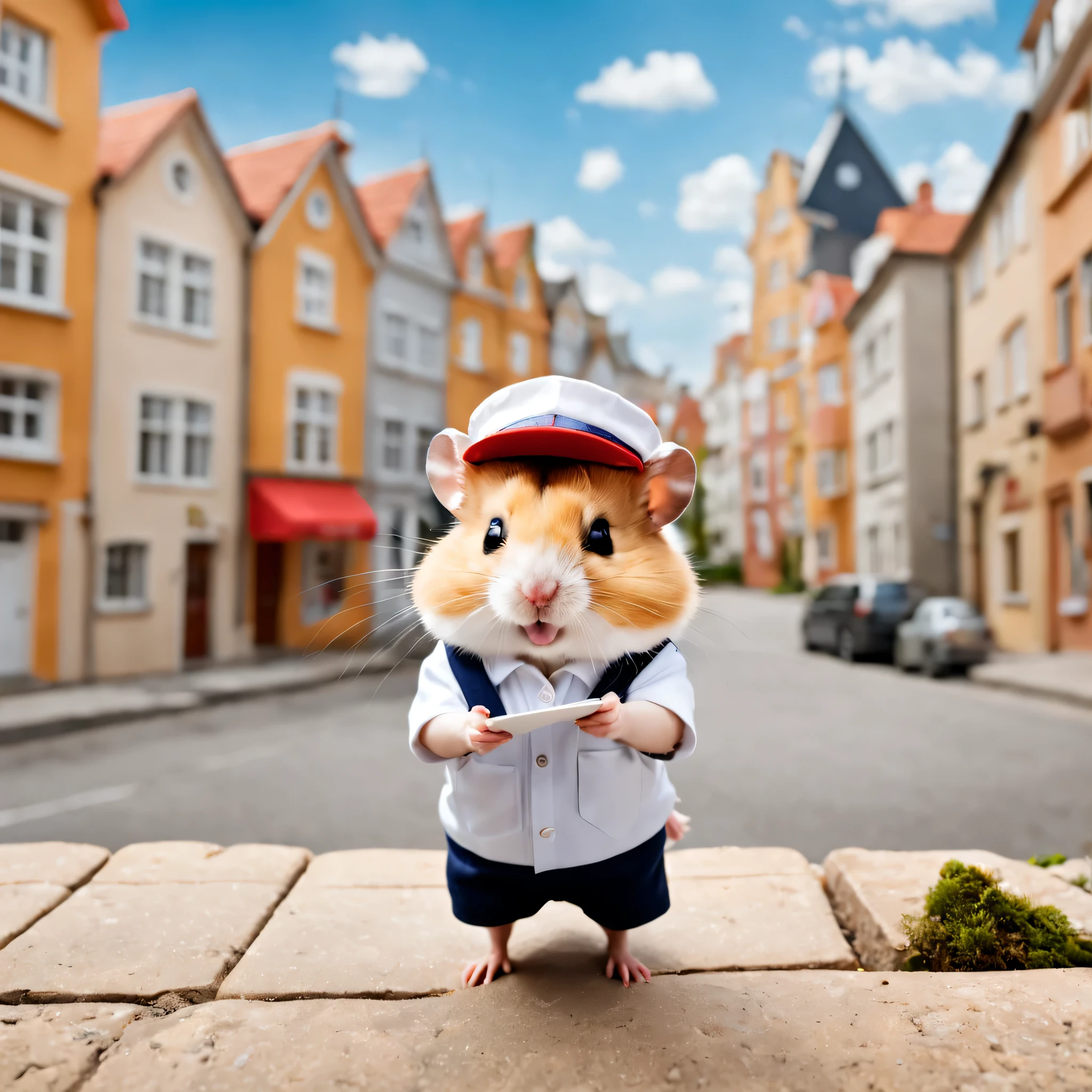 ハムスターのPostal worker,Post a postcard to a mailbox at a private residence,Postal worker#39;Clothing details,Postal workerの制服,post office hat,picture postcard,,happiness,blurred background,urban background,cute,Fluffy hamsters,最高にcuteハムスター,masterpiece,advertising photo,fantasy,hamster sized city