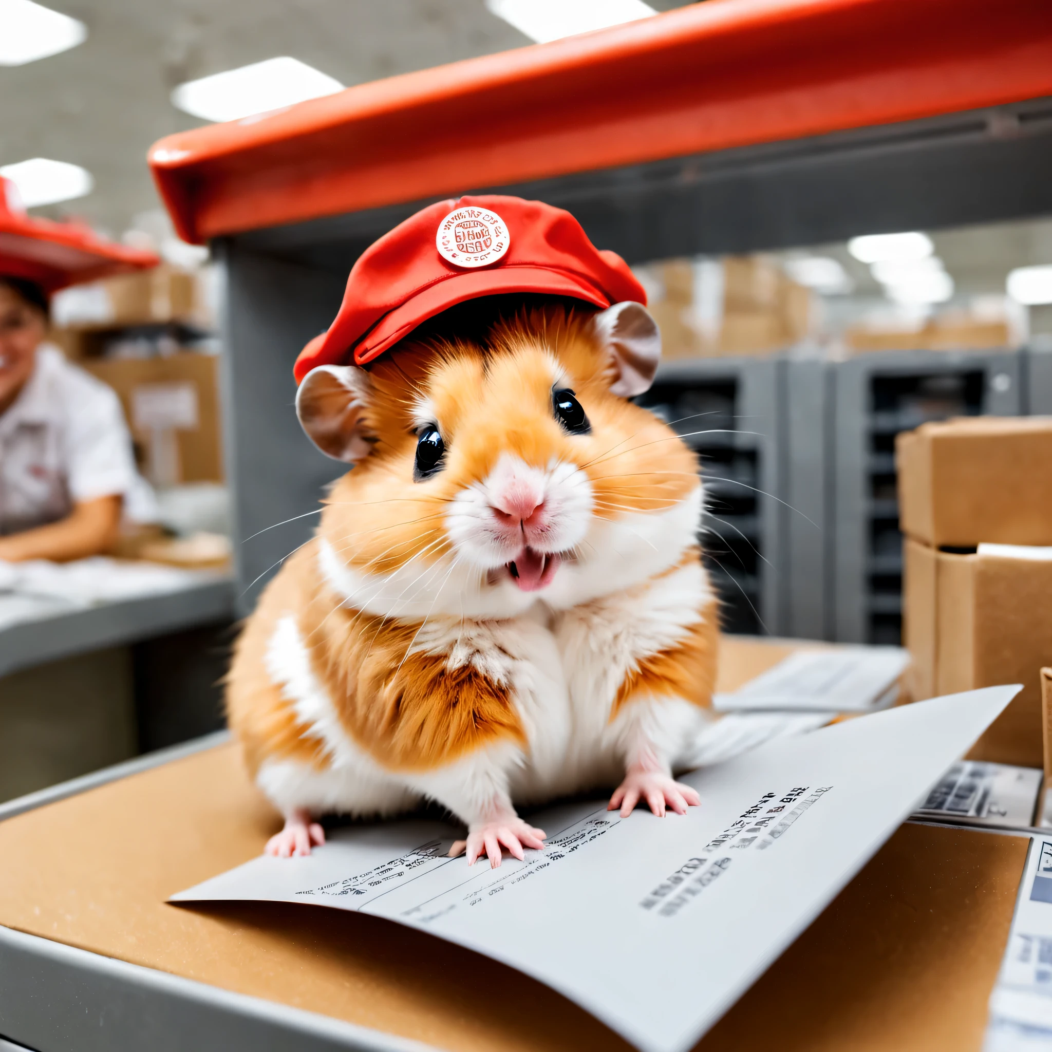 ハムスターのPostal worker,Sorting postcards,Postal worker#39;Clothing details,Postal workerの制服,post office hat,picture postcard,,happiness,blurred background,Background inside the post office,cute,Fluffy hamsters,最高にcuteハムスター,masterpiece,advertising photo,fantasy,hamster sized city