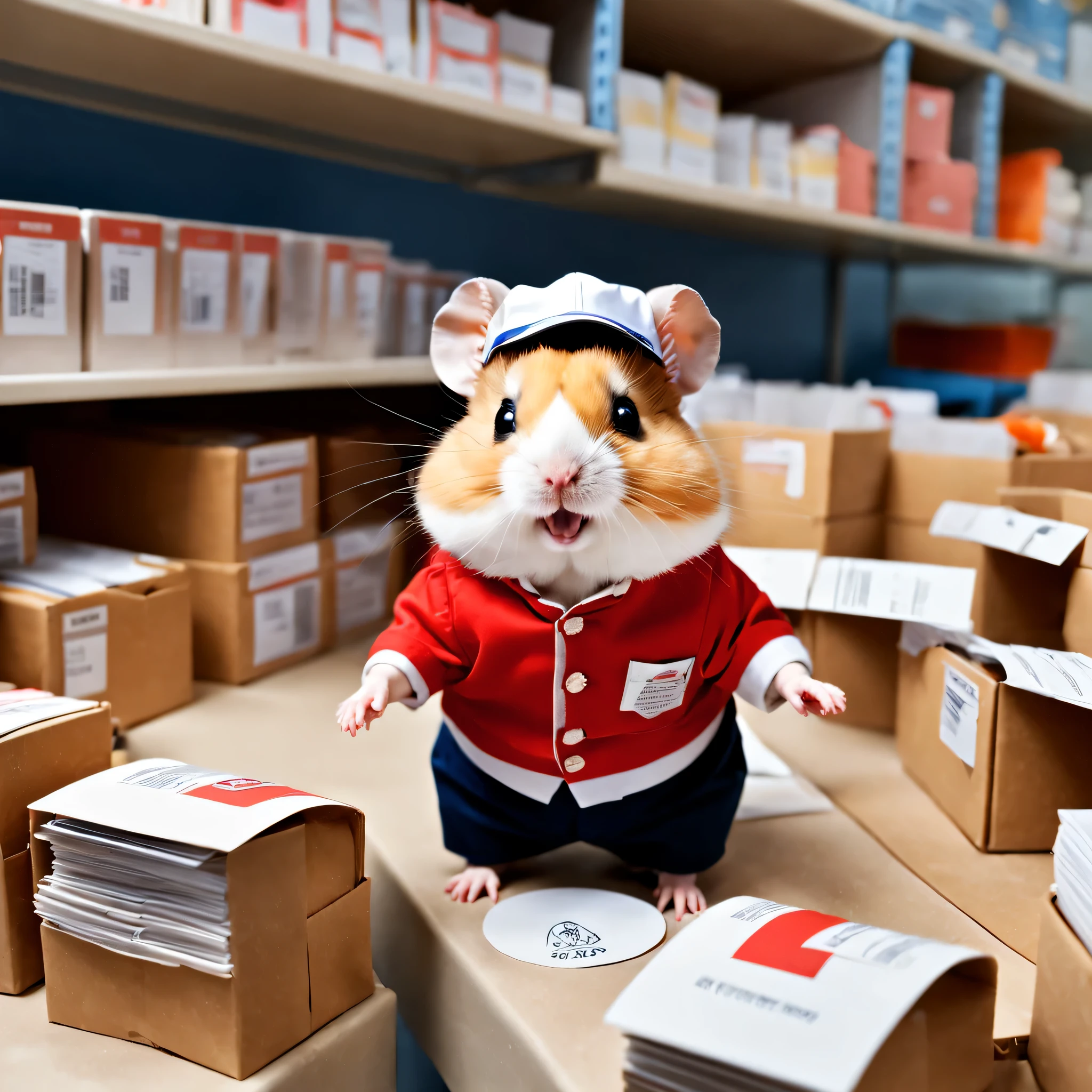 ハムスターのPostal worker,Sorting postcards,Postal worker#39;Clothing details,Postal workerの制服,post office hat,picture postcard,,happiness,blurred background,Background inside the post office,cute,Fluffy hamsters,最高にcuteハムスター,masterpiece,advertising photo,fantasy,hamster sized city