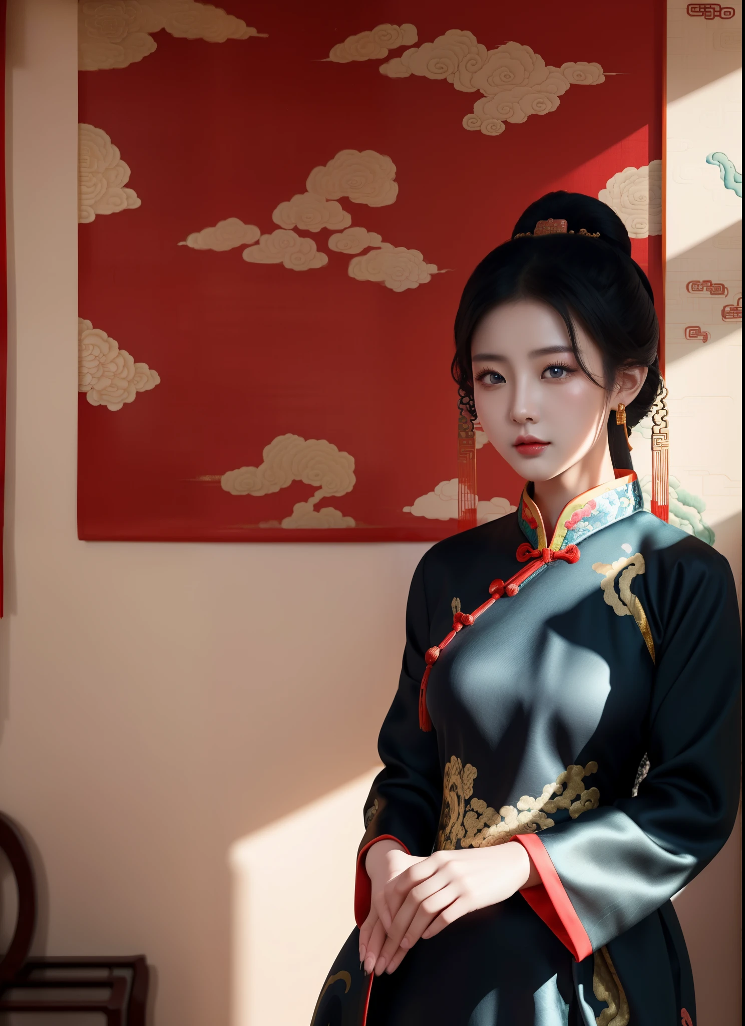 Chinese girl, masterpiece, high quality, exquisite wallpaper, 16k, animation, illustration, (indoors:1.3), (Chinese style interior decoration: 1.5), (1girl), short hair, (black hair: 1.3), beautiful blue eyes, expressionless face, (wearing a traditional Chinese dress :1.4), (positive lighting :1.4)