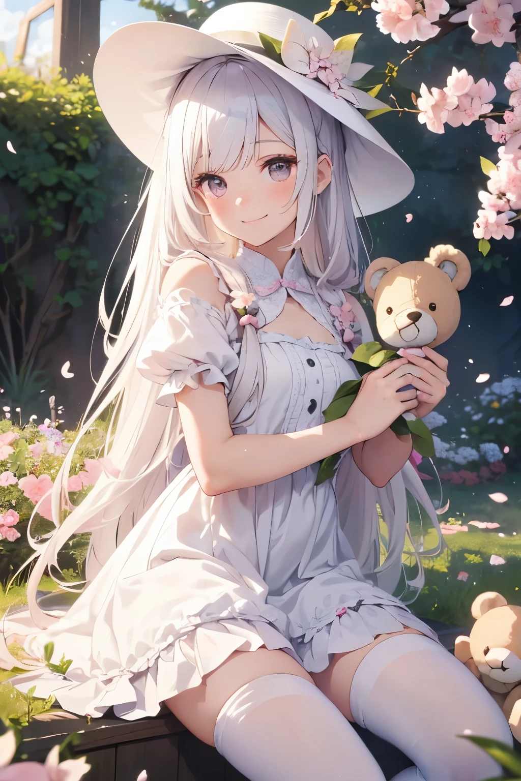 (Adorable and captivating) young girl, (with long white hair) flowing in the gentle breeze, (wearing a white knee-high socks) and (a delicate dress), (accompanied by her beloved teddy bear) in the blooming flush of the garden.

(Meticulously crafted), masterpiece, best quality, a young girl, solitaire, innocent, ponytail, rosy cheeks, pink dress, sun hat on head, vine in hand, smiling, playing with butterflies, cherry blossoms in the background.

Ultra-realistic 8K CG, masterpiece, best quality, a young girl, solo, pure,