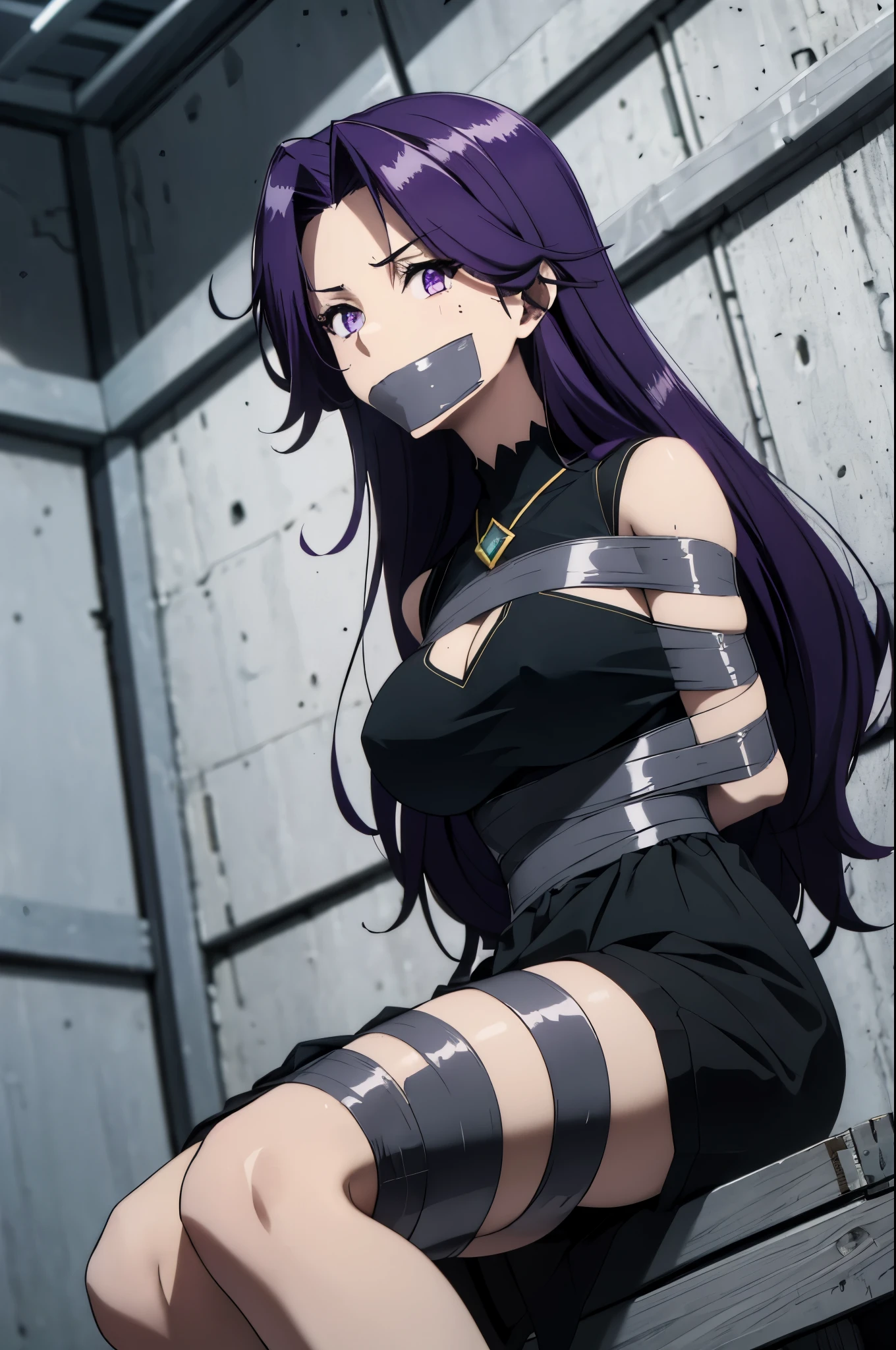 purple hair,purple eyes,(absurdres, 8k, 4k, masterpiece, hyper extreme detailed:1.2), solo, 1girl, front view, perfect face, 1girl, portrait, expressive eyes, looking at viewer, solo, standing, Female, toned body, mature female, large breasts, pale, , long hair, swept bangs, athletic body, stoic, windy hair, moving hair, moving clothes, Shorts, black shirt, , Military, battle worn, scars, messy hair, smile, happy, heroic, perfect anatomy, friendly, heroism, blue sky, sun, clouds, muscular, half body, bound, bondage, (arms behind back:1.4), (bdsm, tape gag, tape, tape bondage, restrained, best anatomy, tape wrapped, wrap gag, tightly bound, tape wrapped around face, tape above breasts, tape below breasts, sitting down, tape gag, long hair, tape between breasts, taped forearms, taped elbows, taped abdomen, taped nose, taped between arms, black t-shirt, sleeveless)
