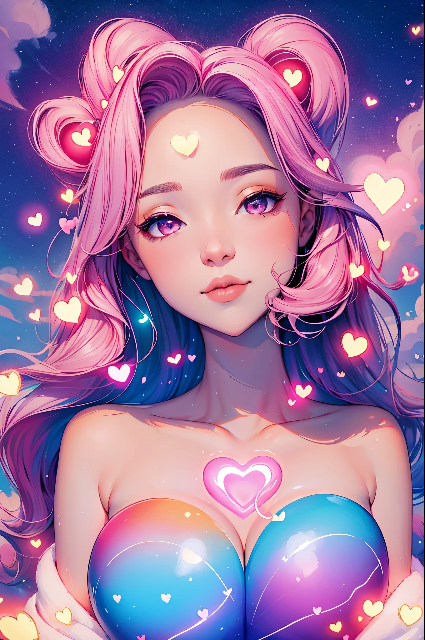 Girl in love,portrait,Many hearts are shining in the sky,flashing love,Glowing Heart,heart-shaped,flashing love:1.5,high saturation,bright colors