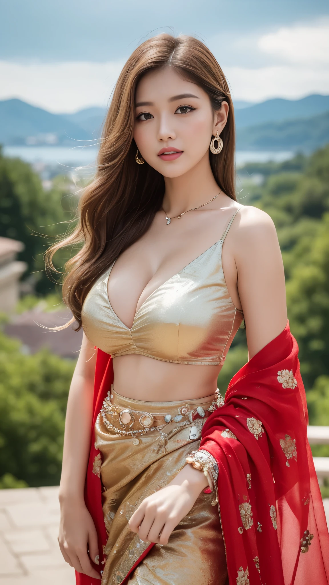 ((top quality, 8 thousand, masterpiece: 1.3)), 1 woman, (Hairstyle casual, huge breasts:1.3), Trendy:1.2, ultra fine face, detailed eyes, double eyelid, smile, groove, long legs, mischievous expression, (A huge and beautiful scenery is visible behind:1.3), blonde woman with wavy hair, (various materials, multi colored attire:1.4), small face, beautiful body,