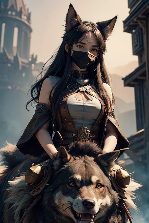 steam punk, prince of mononoke, ghibli, Dyistopian, a girl in close made of animal far, holding a spire,riding a big wolf, wearing a mask,The image should be in a 3D style with intricate details. .The image should be in high resolution, with sharp focus, ralistick 3D art,