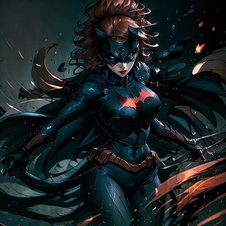 Batwoman, in the dimly lit cityscape, dons a sleek and form-fitting outfit that accentuates her toned figure. Her catsuit is adorned with a bat insignia on the chest, and her breasts, enhanced with advanced technology, appear larger and more prominent than natural. Her hair, raven black and slicked back, frames her angular face in the shadows. The night air is cool against her skin as raindrops pelt her body, leaving beads of water on her suit. The city around her comes alive in 8k resolution, neon lights flashing and reflecting off the rain-soaked pavement. The scent of ozone and rain-so