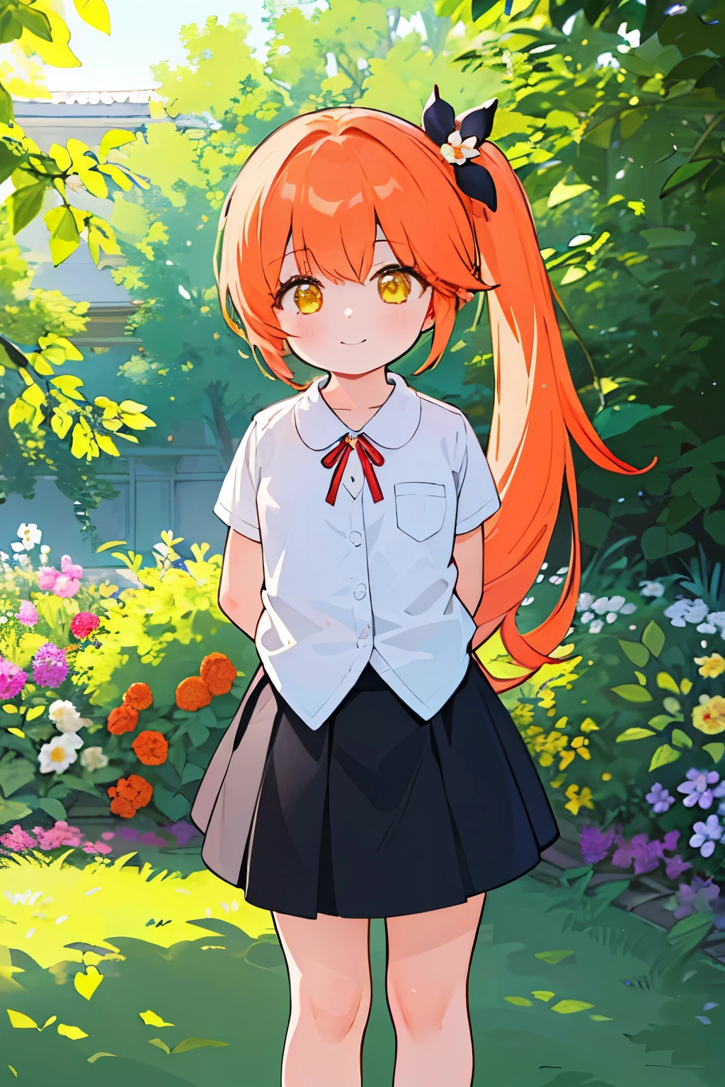 (high quality, High resolution:1.3), 4K, masterpiece, detailed background, garden, outdoor, 
break
 1 girl, alone, (:1.2), white shirt, skirt, black skirt, thighs, Upper body, Are standing, long hair, side ponytail, orange hair, hair ornaments, yellow eyes, small breasts, looking at the viewer, light smile, turn your arms behind your back, 