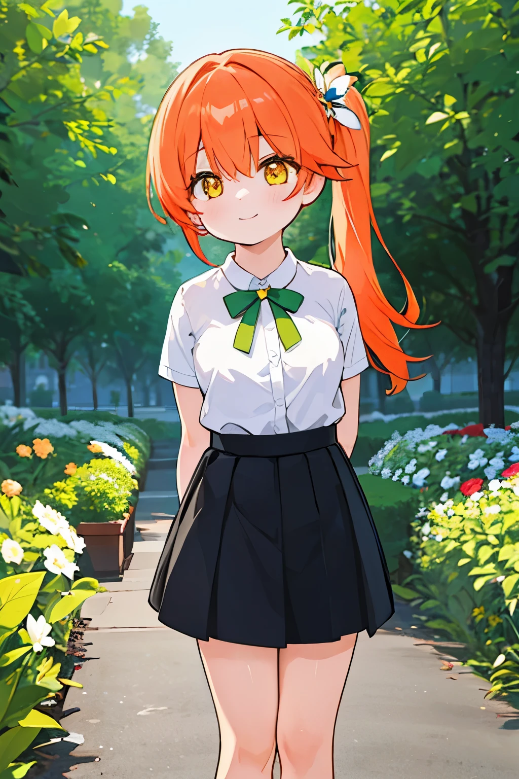 (high quality, High resolution:1.3), 4K, masterpiece, detailed background, garden, outdoor, 
break
 1 girl, alone, (:1.2), white shirt, skirt, black skirt, thighs, Upper body, Are standing, long hair, side ponytail, orange hair, hair ornaments, yellow eyes, small breasts, looking at the viewer, light smile, turn your arms behind your back, 