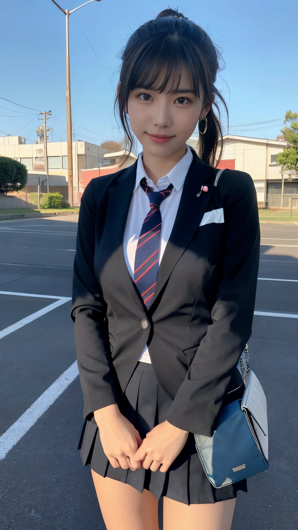 mix 4, (16k, RAW photo, best image quality, masterpiece: 1.45), (realistic, Photoreal: 1.37), one girl, cute, cityscape,, professional lighting, photon mapping, school classroom, Physically based rendering, dark brown hair,ponytail hairstyle, Beautiful well-groomed eyes、((double eyelid))、super cute girl, (((、blazer、Long-sleeved shirts worn by Japanese high school girls、ribbon tie、Navy blue super super mini skirt,、dark blue socks、black loafers))), highest quality photos, High resolution, 1080P, (clean face), (Detailed facial description), (Detailed explanation of hands), (masterpiece), (Detailed CG)、extreme light and shadow、messy hair、master work、Rich details、(detailed facial features)、(highest quality photos)、(Masseter muscle part)、(fine eyes)、look in front of you、thin clavicle、((slender and large))、(((Japanese high school girls wear long-sleeved shirts)))、((neat idol))、((school gate、schoolyard、School building in the background))、(Take photos from random viewpoints)、(((anyway that&#39;s cute)))、earrings、big smile、Draw the whole body from the knees、Don&#39;t draw thin lines、(((Sports bags used by Japan schoolgirls)))、(small breasts:1.2)、small buttocks with tension、Two arms and two legs、(((from the front:0.7)))、bare hands、(((symmetrical eyes)))、standing pose、put one&#39;s hand on the desk、Do not remove the tie from the jacket､Skirt length is quite short，