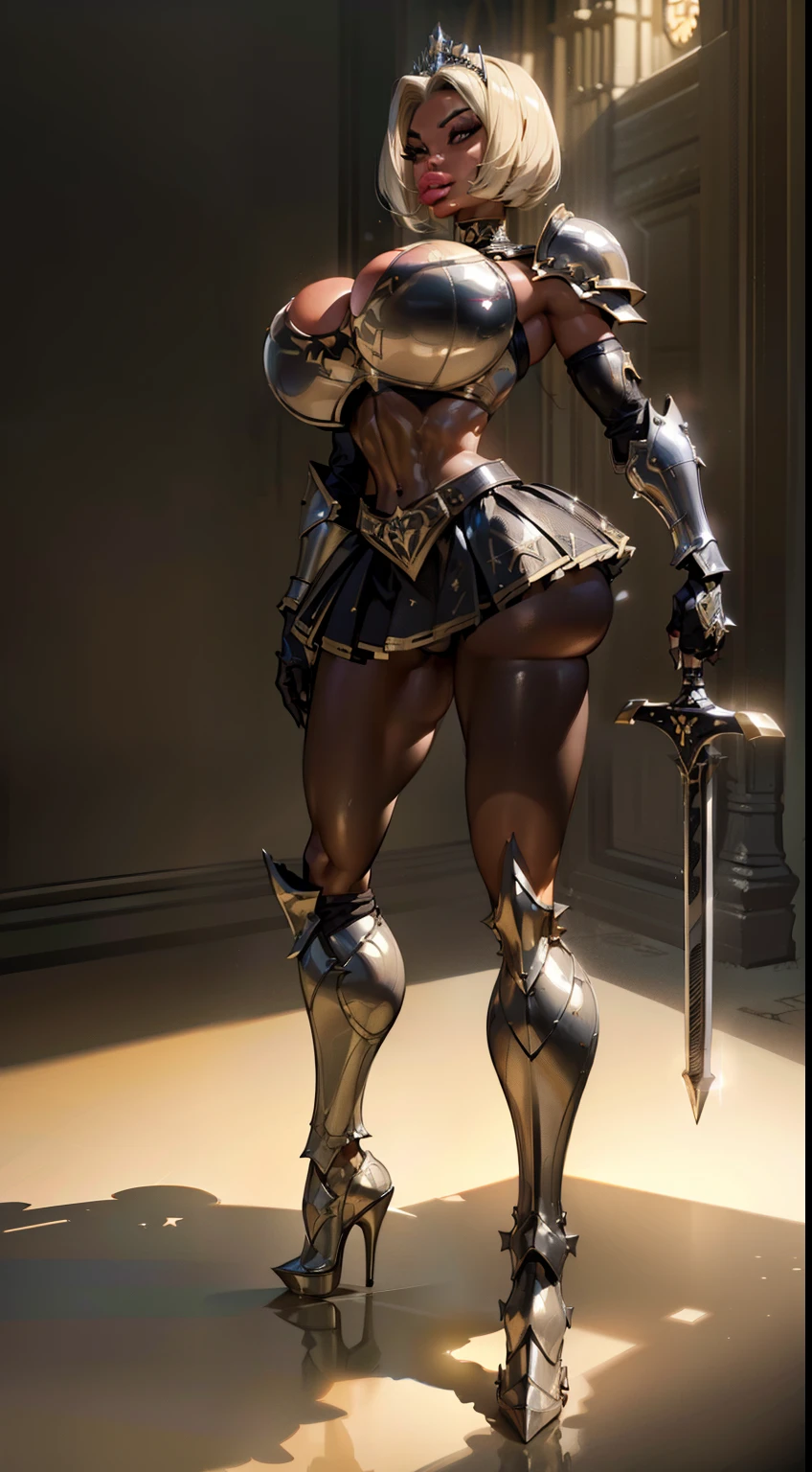 woman, bobcut, blondehair, ((black skin:1.4)), adorned in medieval armor, twerking, metal muscles, emanating a medieval elegance and marvel, armor pump boots, chrome reflective bra, chrome silver tiara, small armband, (shoulder armor), gauntlets, armored skirt, sword, shield, exposed midriff, (puffy lips:1.3), detailed eyes, ((slendered abs )),((huge breastull bodied), wide hips, (puffy lips:1.5), slender abs,rim lighting, side light, cinematic light, ultra high definition, 8k, film grain,best shadow, light particles, detailed skin texture, detailed gem armor texture, detailed face, intricate details, super detailed, bright, spiked heel boots