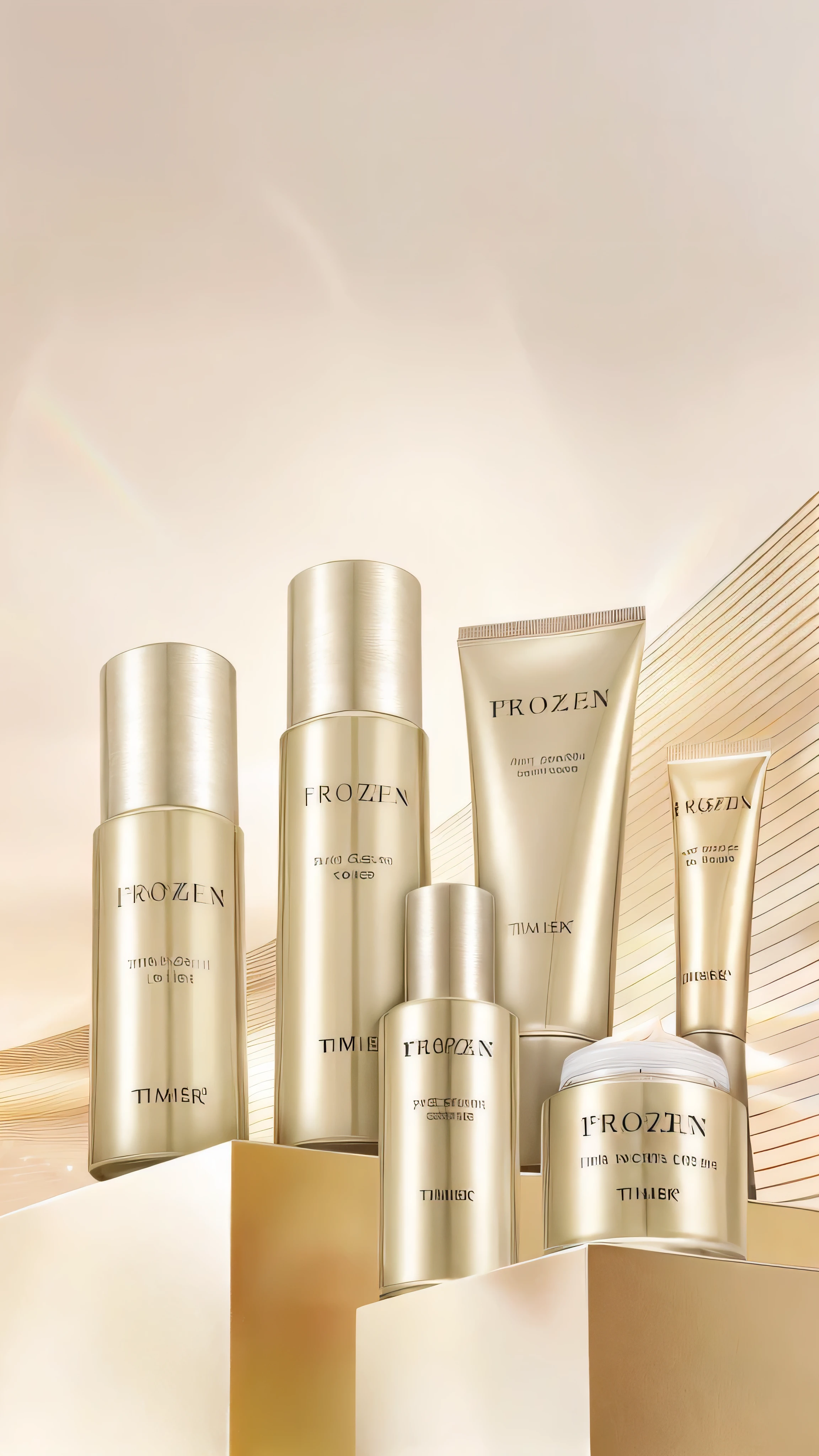 a close up of a group of different skin care products, frozen time effect, frozen time, timeless, frozen, smooth golden skin, crisp smooth lines, skincare, moment frozen in time, award-winning style, frozen in time, frozen in motion, shiny skin”, skin care, fozen ice hard edges, shades of gold display naturally, freezing, new design