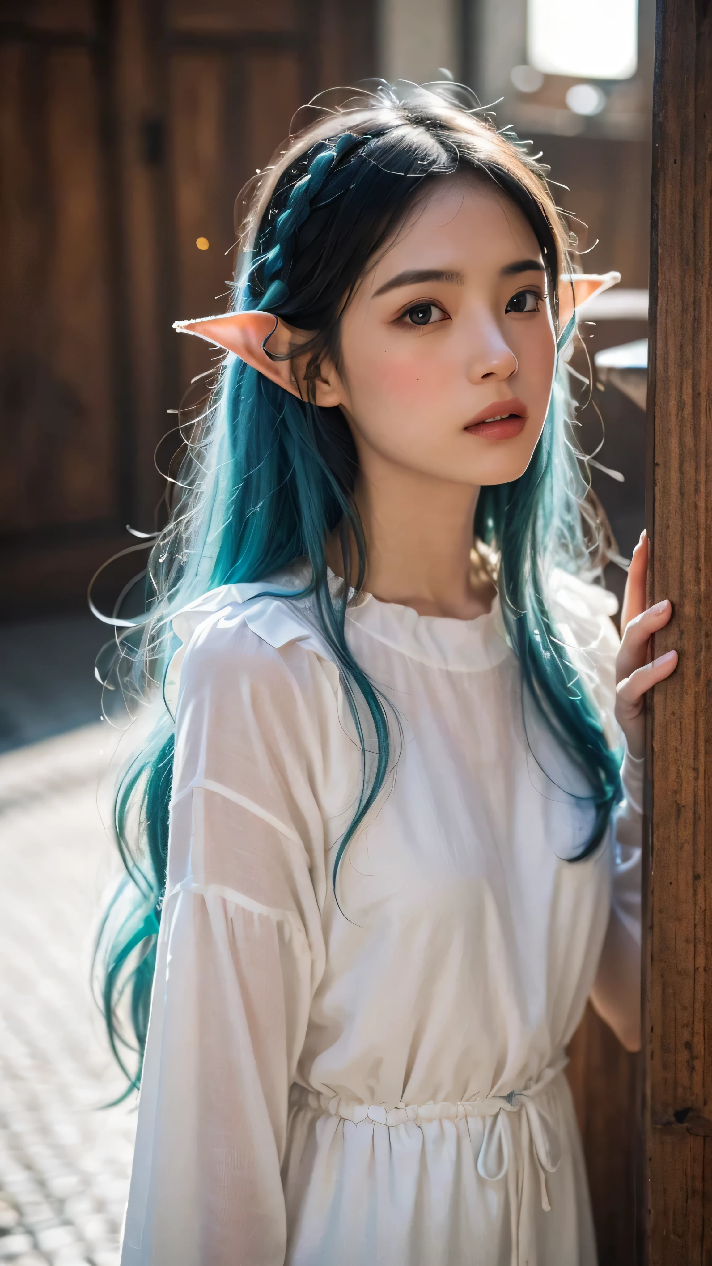atordoante, breathtaking, Inspiring, award-winning art nouveau painting of attractive art nouveau Asian elves with blue hair and pointy elf ears, como a deusa do sol, com ansiedade, olhos penetrantes, ciberpunk, Much improved lighting, Luz e sombra brilhantes, Atmospheric, cinematographic, 8k