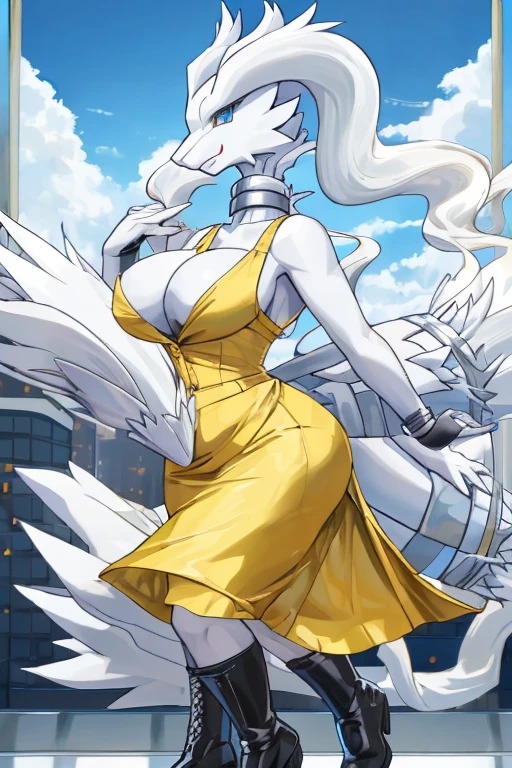 ((Reshiram)), anthropomorphic, big breasts, big ass, pokemorph, (((1girl))), ((( yellow dress shirt))), (black skirt), (black heeled boots), full body, cute and sexy, white skin, long legs, smiling