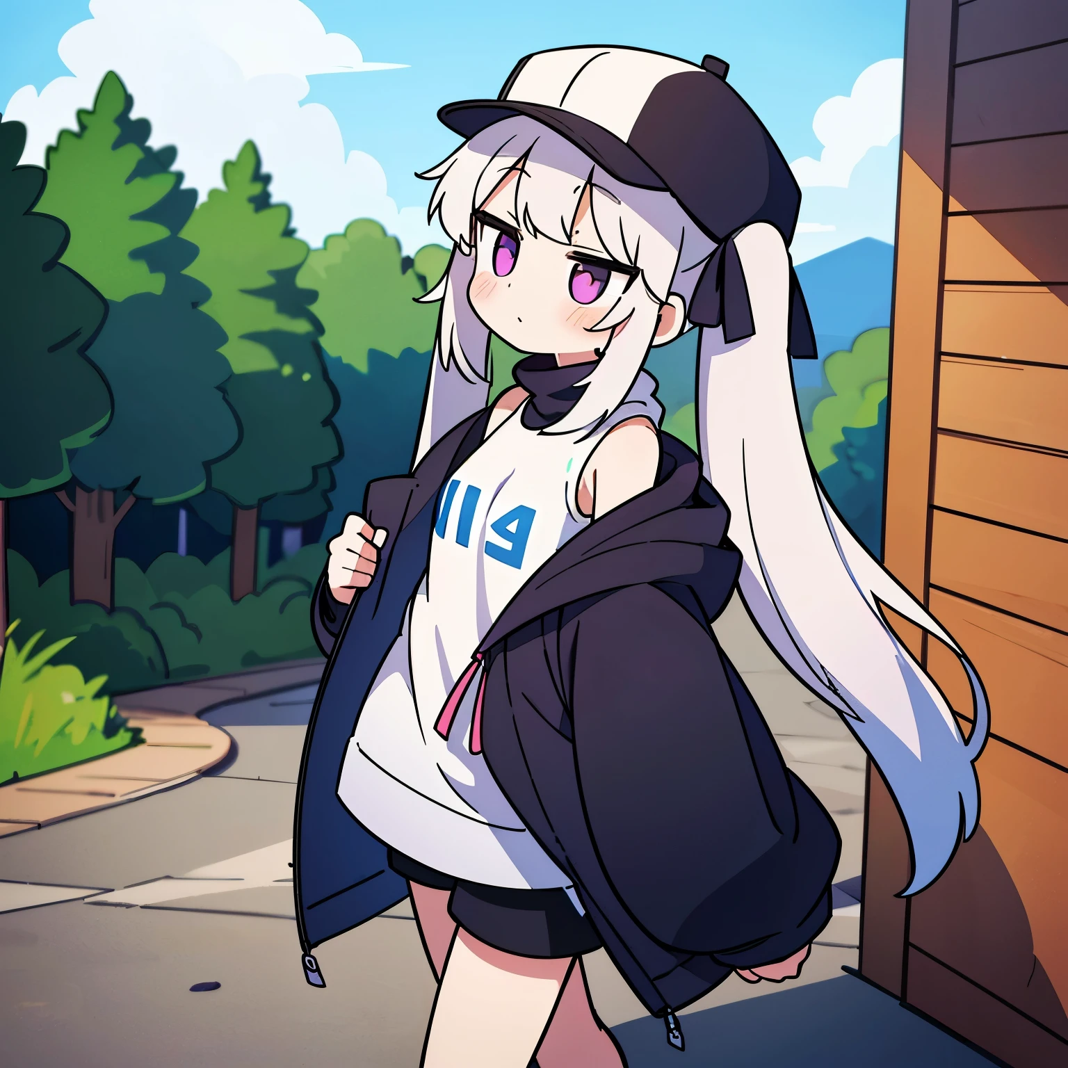masterpiece:1.3、ultra high resolution:1.3、girl、alone、walking、G cup、two tone hair、beautiful silver hair、twin tails、shorts、hat、Text Graphic Drop Shoulder Oversized Drawstring Parka、sexual excitement、erotic、blush、real moist skin、Stuffy、wet、cute、fashion、outdoor、hand、feet、shoes