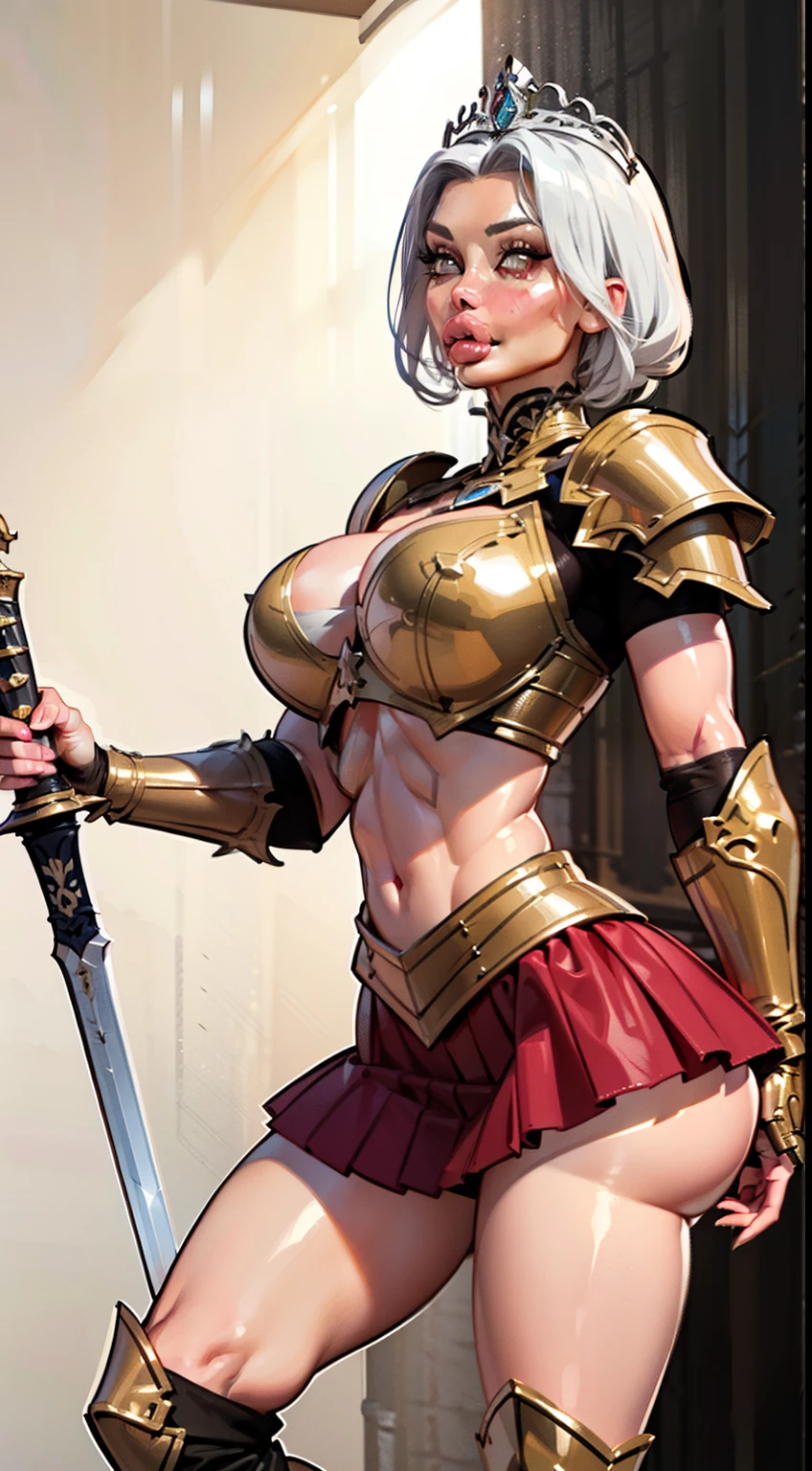 woman, ((white skin:1.4)), adorned in medieval armor, twerking, metal muscles, emanating a medieval elegance and marvel, armor pump boots, chrome reflective bra, chrome silver tiara, small armband, (shoulder armor), gauntlets, armored skirt, sword, shield, exposed midriff, (puffy lips:1.3), detailed eyes, ((slendered abs )), wide hips, (puffy lips:1.5), slender abs,rim lighting, side light, cinematic light, ultra high definition, 8k, film grain,best shadow, light particles, detailed skin texture, detailed gem armor texture, detailed face, intricate details, super detailed, bright, spiked heel boots