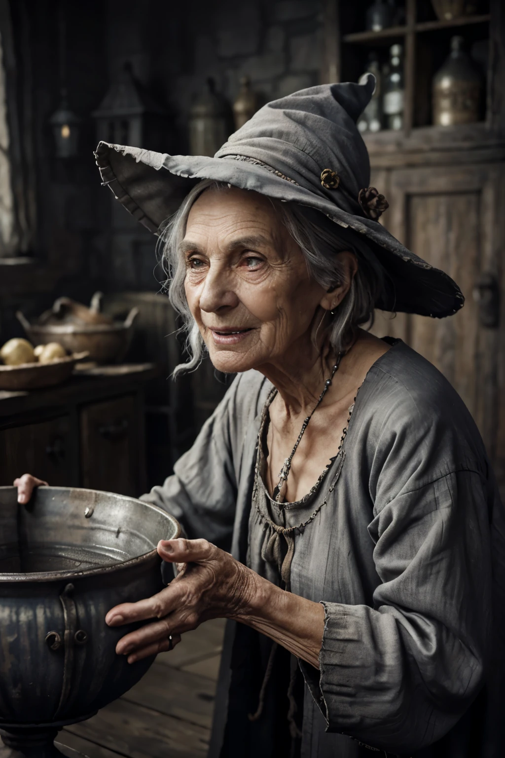 Old woman with wrinkled features, hag, long witch-like nose, sagging skin, piercing gaze, disheveled gray hair, shabby clothes, weathered hands, cackling laughter, detailed and realistic, wearing a pointy hat, leaning on a broom, near a cauldron, smoky and mysterious atmosphere, high definition, very realistic depiction.