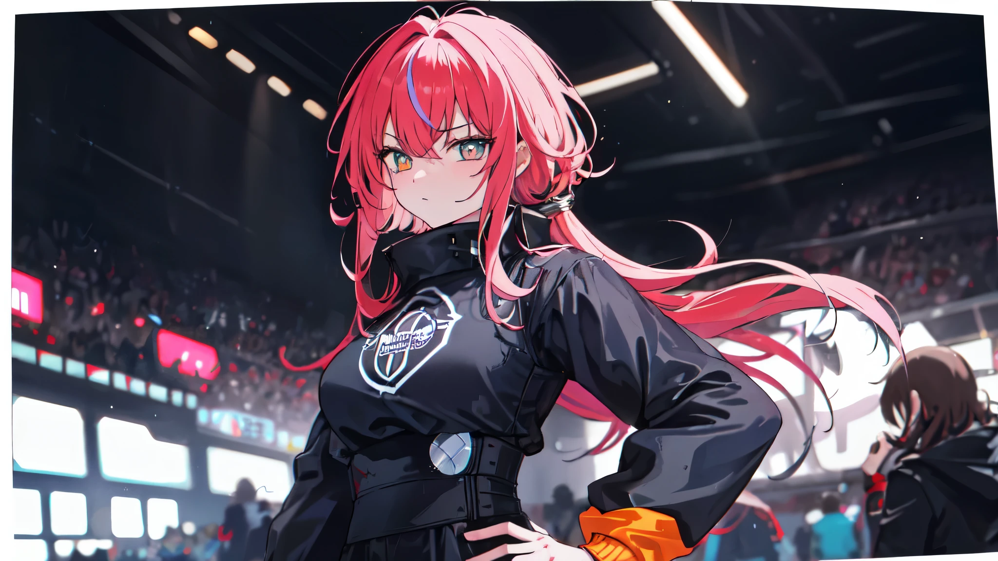 ((Meisterwerk:1.4, best quality))+, (Ultra-detailliert)+, hell oranges Haar , Wolfsschnitt, pinke Augen, soccer stadium, soccer game,gewellte haar, soccer shirt tight to the body, Kleidung, soccer elements,Coole Bewegung,silberne hautfarbe,bunter hintergrund,nacht ,(Blitzeffekt),(Kaltes Gesicht), soccer, viking valkyre woman, sexy, much skin