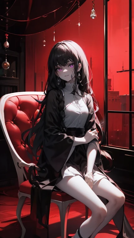 1 girl、、Ample breastHair、Black Hair、Straight Hair、Strong Woman、Red Lip、Black Dress、Shoulder Bare、Mini length、corset、City、Night view、Sit in a plush chair、High resolution、Highest quality