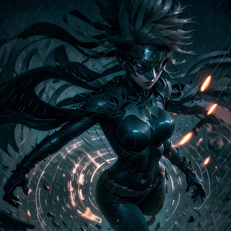 Batwoman, in the dimly lit cityscape, dons a sleek and form-fitting outfit that accentuates her toned figure. Her catsuit is adorned with a bat insignia on the chest, and her breasts, enhanced with advanced technology, appear larger and more prominent than natural. Her hair, raven black and slicked back, frames her angular face in the shadows. The night air is cool against her skin as raindrops pelt her body, leaving beads of water on her suit. The city around her comes alive in 8k resolution, neon lights flashing and reflecting off the rain-soaked pavement. The scent of ozone and rain-so