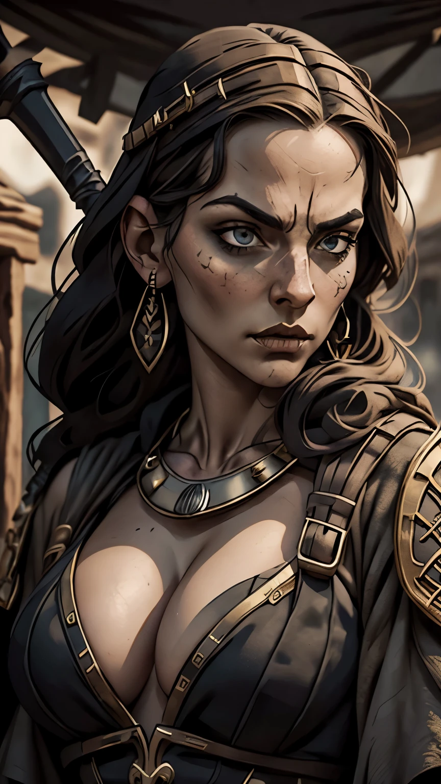 (masterpiece), best quality, expressive eyes, perfect face, detailed eyes, dark fantasy, Margot, viking clan, viking warrior, cleavage, black and gold  outfit, massive snoopy breast, badass woman, sensual , 