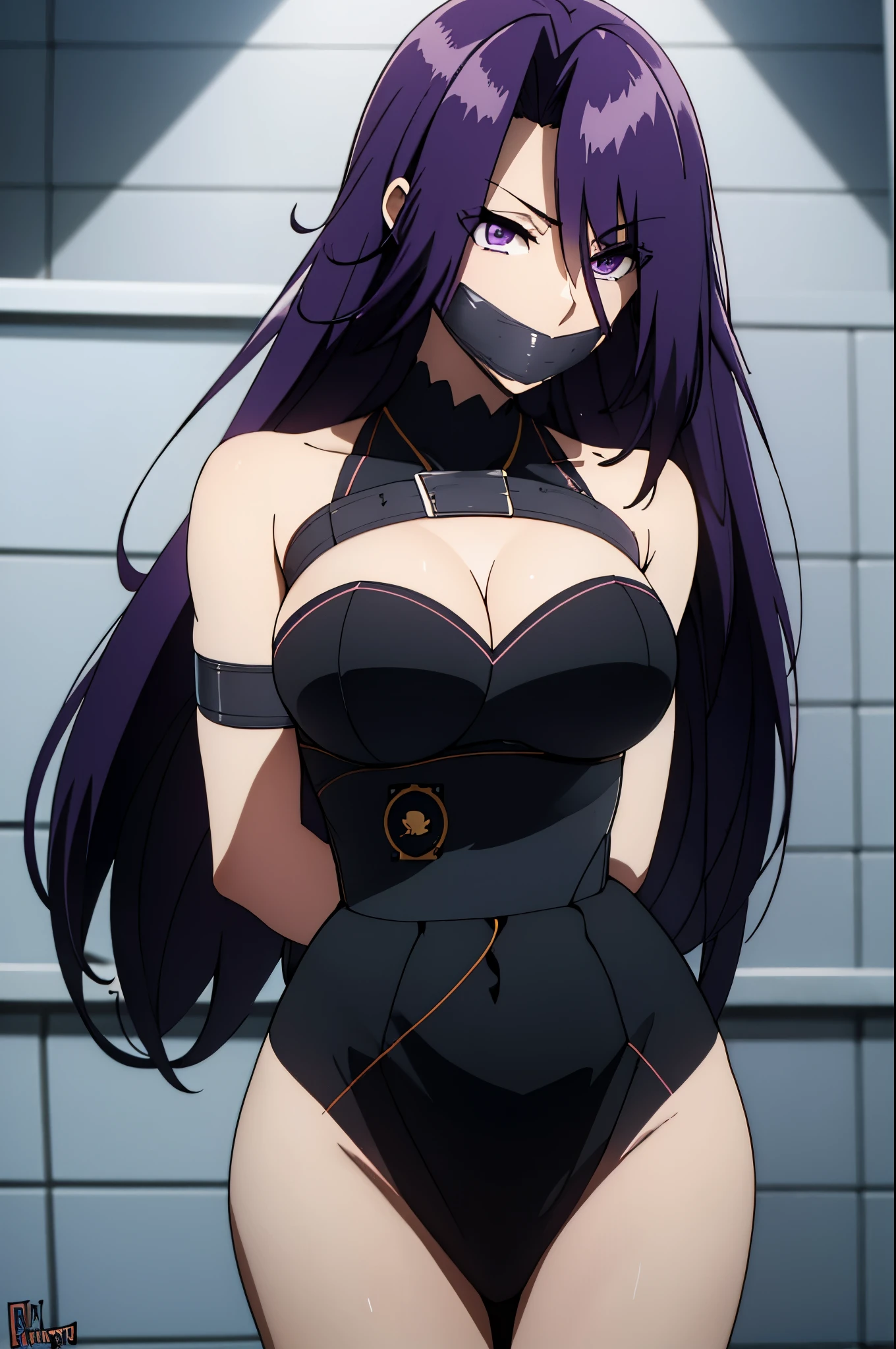 purple hair,purple eyes,(absurdres, 8k, 4k, masterpiece, hyper extreme detailed:1.2), solo, 1girl, front view, perfect face, 1girl, looking at viewer, solo, Female, toned body, mature female, large breasts, pale, , long hair, swept bangs, athletic body,perfect anatomy, bound, bondage, (arms behind back:1.4), (bdsm, tape gag, tape, tape bondage, restrained, best anatomy, tape wrapped, wrap gag, tightly bound, tape wrapped around face, tape above breasts, tape below breasts, tape gag, long hair, tape between breasts, taped forearms, taped elbows, taped abdomen, taped nose, taped between arms, black t-shirt, sleeveless)
