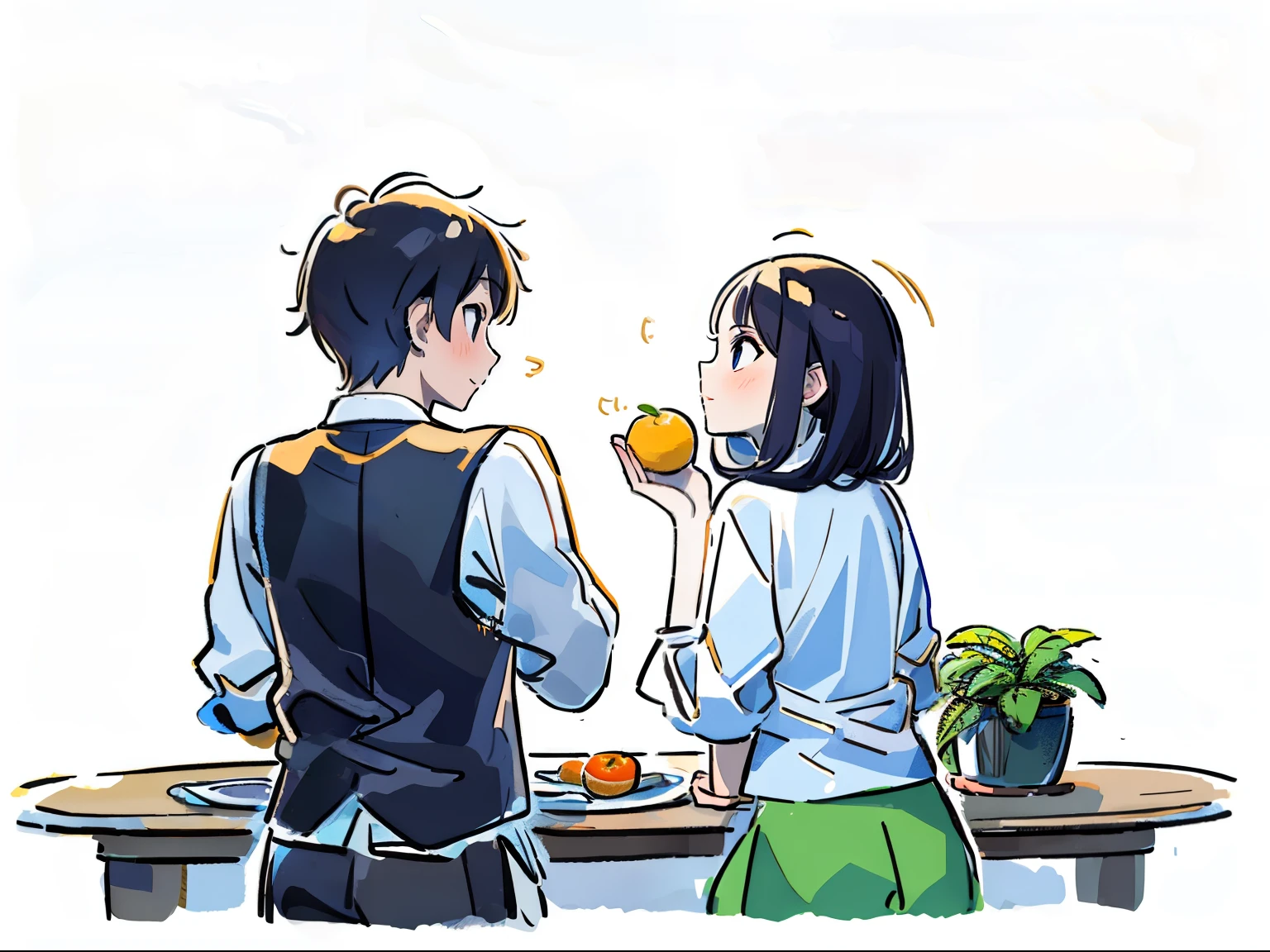 (Masterpiece, best quality: 1.3), 1 boy and 1 girl, sitting on table in front of each other, having oranges, boy feeding girl orange with his hand