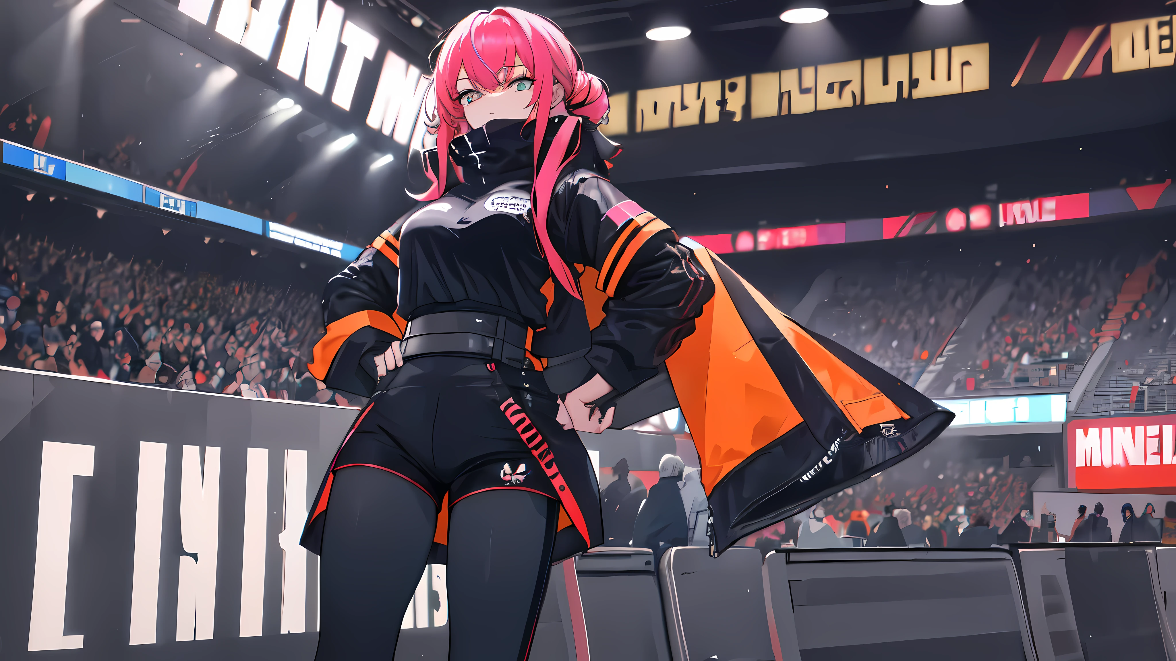 ((Meisterwerk:1.4, best quality))+, (Ultra-detailliert)+, hell oranges Haar , Wolfsschnitt, pinke Augen, soccer stadium, soccer game,gewellte haar, soccer shirt tight to the body, Kleidung, soccer elements,Coole Bewegung,silberne hautfarbe,bunter hintergrund,nacht ,(Blitzeffekt),(Kaltes Gesicht), soccer, viking valkyre woman, sexy, much skin