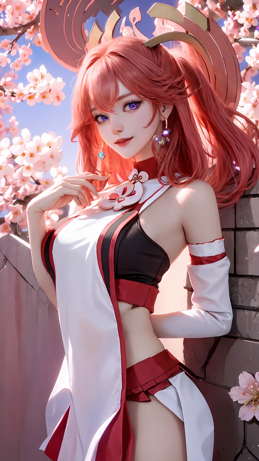 Masterpiece, Excellent, 1girl, solo, complex details, color difference), realism, ((medium breath)), off-the-shoulders, big breasts, sexy, Yae Miko, long pink hair, red headdress, red highlight, hair above one eye, purple eyes, earrings, sharp eyes, perfectly symmetrical figure, choker, neon shirt, open jacket, turtleneck sweater, against the wall, brick wall, graffiti, dim lighting, alley, looking at the audience, ((mean, seductive, charming)), ((cherry blossom background))),((Japanese temple background)))), (((luminous background))), (dynamic pose), tulle, bare shoulders, blooming flower fields, radiant skin, faint smile, sexy, bust, no breast cover, naked, cocked ass, tummy look, ((nsfw))