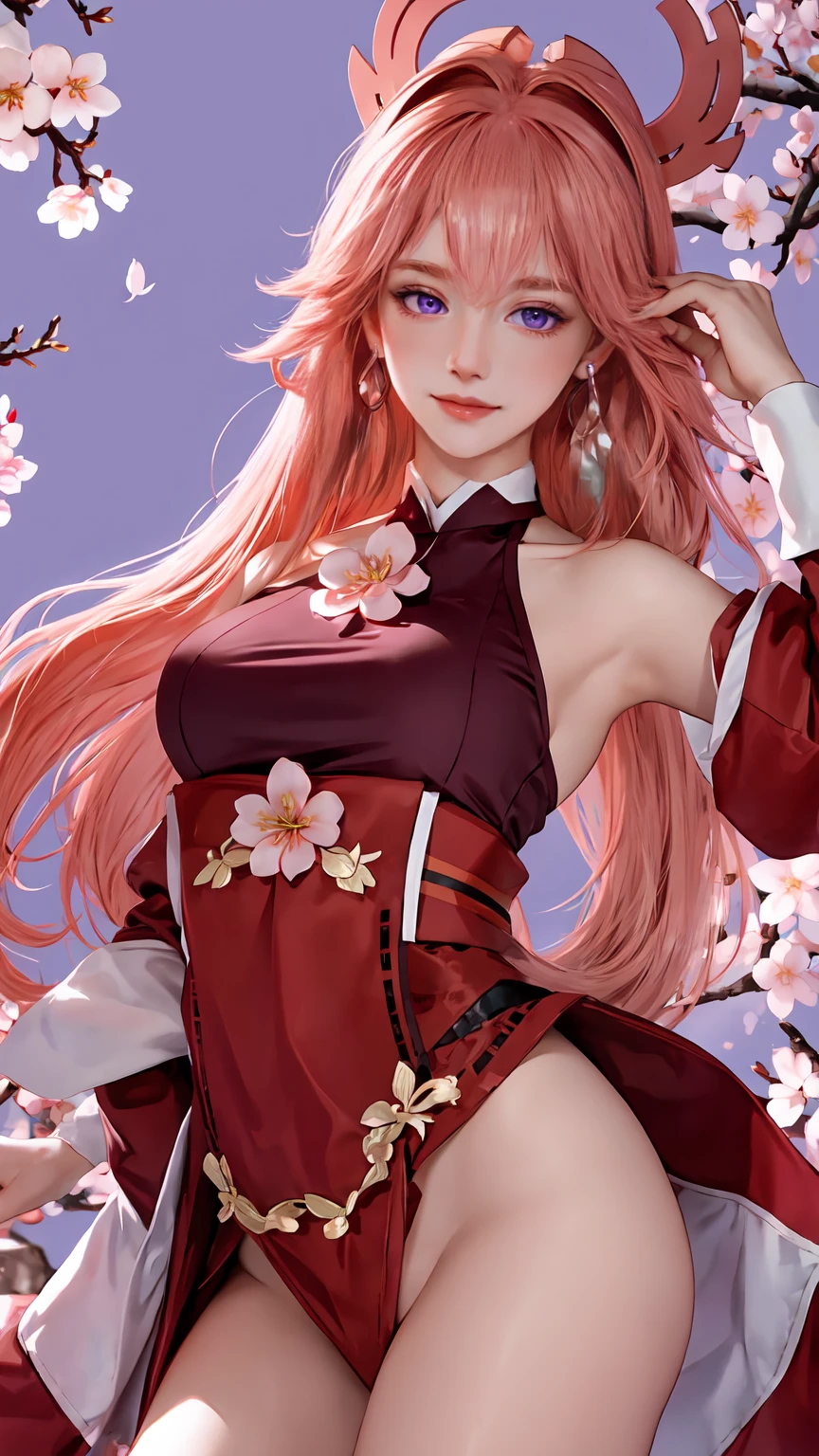 Masterpiece, stunning realistic, best quality, sharpness,1 girl,forehead mark,half body,red hairband, red sleeveless dress, navel, groin,white pants, bracelet, cherry blossoms, falling petals,large breasts