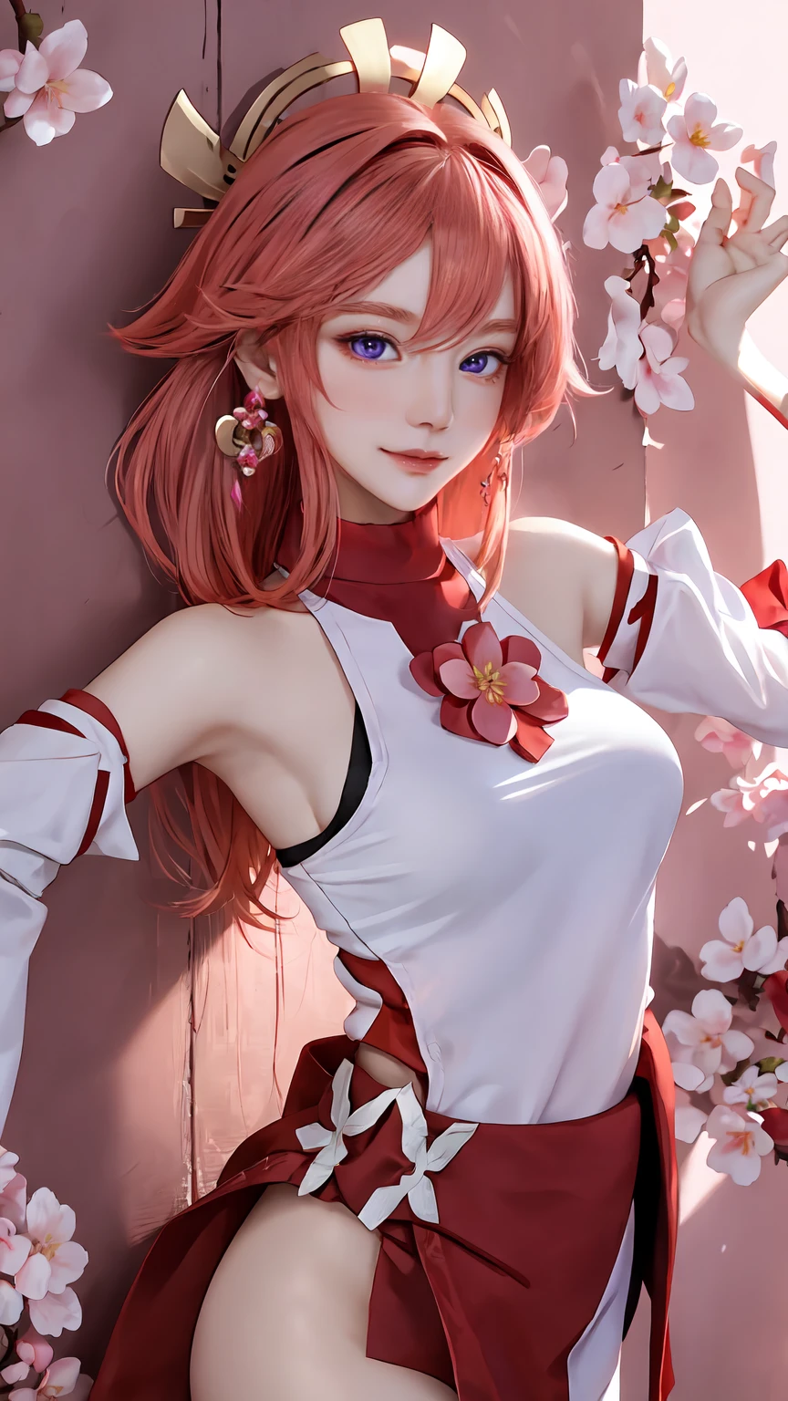 Masterpiece, Excellent, 1girl, solo, complex details, color difference), realism, ((medium breath)), off-the-shoulders, big breasts, sexy, Yae Miko, long pink hair, red headdress, red highlight, hair above one eye, purple eyes, earrings, sharp eyes, perfectly symmetrical figure, choker, neon shirt, open jacket, turtleneck sweater, against the wall, brick wall, graffiti, dim lighting, alley, looking at the audience, ((mean, seductive, charming)), ((cherry blossom background))),((Japanese temple background)))), (((luminous background))), (dynamic pose), tulle, bare shoulders, blooming flower fields, radiant skin, faint smile, sexy, bust, no breast cover, naked, cocked ass, tummy look, ((nsfw))
