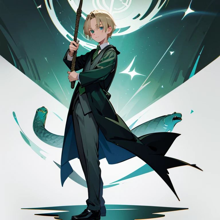 1 boy,13 years old,cute,juvenile,human,wizard,blonde,short hair,blue eyes,Hogwarts pupils,Slytherinの生徒,shirt,Green and black diagonal border tie,navy blue vest,gray pants,Long robe in black with green lining,black loafers,snake,use magic,like draco malfoy,Slytherin,high resolution,high quality