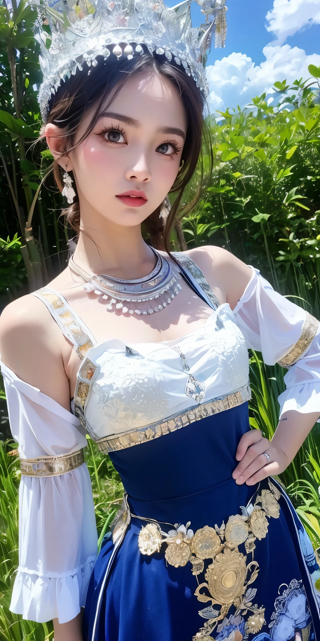 photorealistic, high resolution, soft light,1women, solo, hips up, shining skin, (detailed face), plateau,blue sky,rice fields,extreme detailed,torogao, hmong clothes, crown