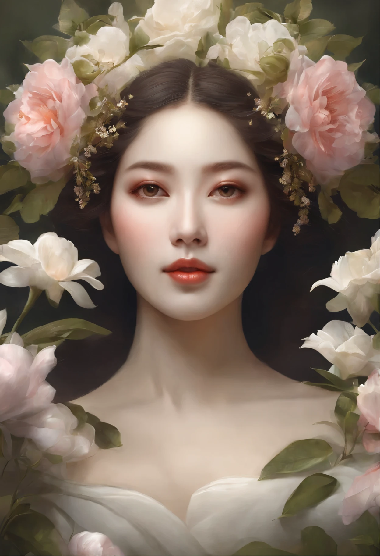 Close-up of a painting of a woman with flowers in her hair、3dgoddessの肖像画、goddessの肖像画、美しいgoddessの肖像画、goddessの芸術、花のgoddess、美しいgoddess、goddessの見事な肖像画、Mauta style 4k、majestic saint woman、goddess。very high detail、goddessのクローズアップ肖像画、renaissance digital painting、beautiful gorgeous digital art