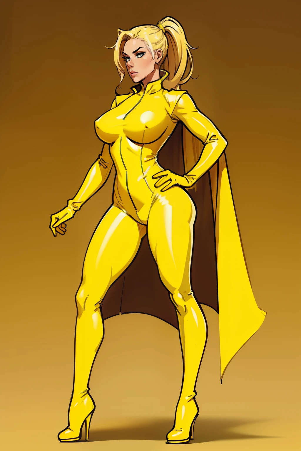 woman, blonde ponytail hair, yellow full body suit, yellow cape, yellow gloves, yellow leather boots, no background
