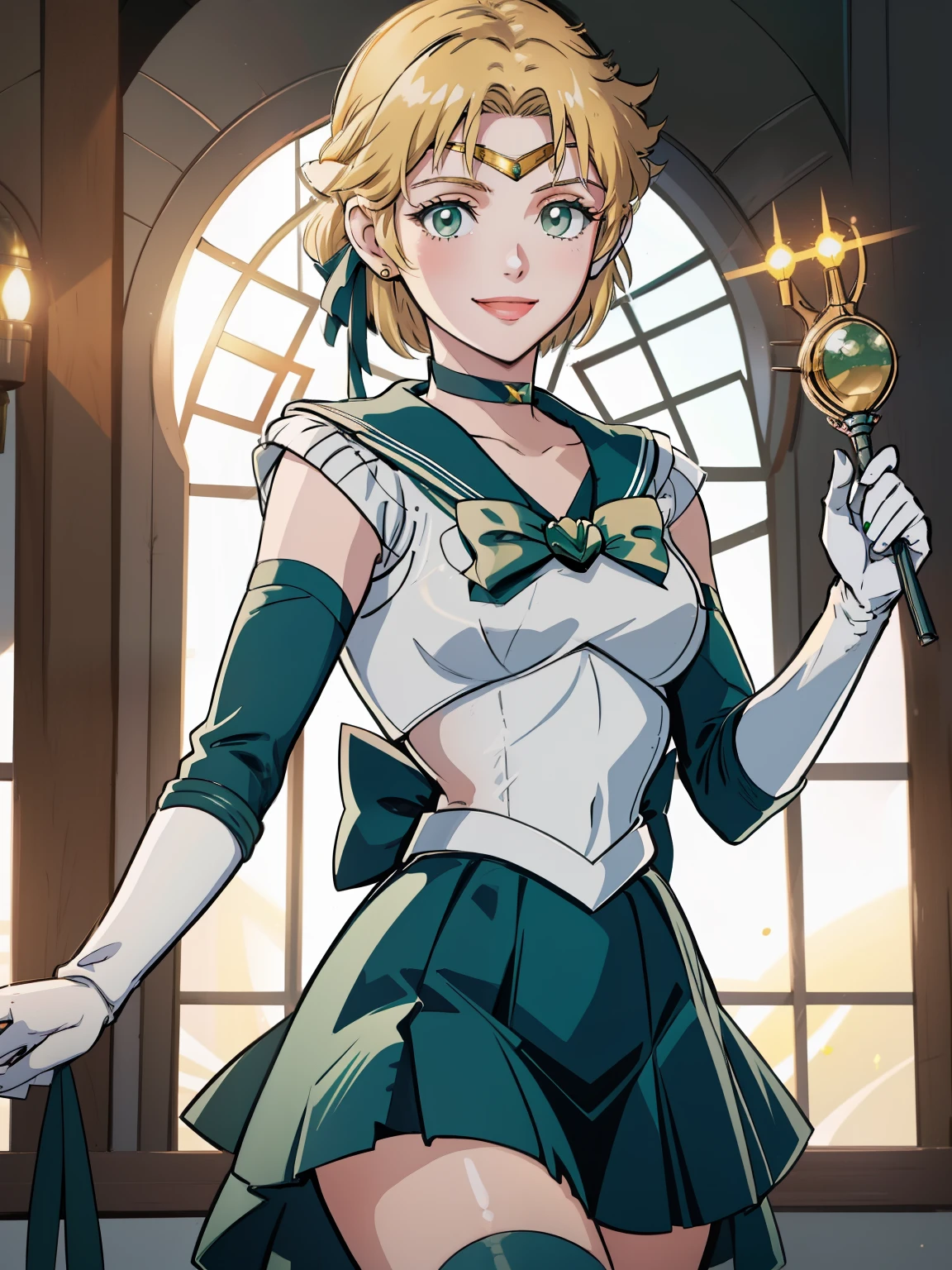 warIngrid, short hair, green eyes ,hair ribbons, sailor senshi uniform, auqa skirt, elbow gloves, tiara, auqa sailor collar, red bow, auqa choker, white gloves, jewelry, smile