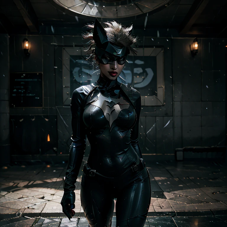 Batwoman, in the dimly lit cityscape, dons a sleek and form-fitting outfit that accentuates her toned figure. Her catsuit is adorned with a bat insignia on the chest, and her breasts, enhanced with advanced technology, appear larger and more prominent than natural. Her hair, raven black and slicked back, frames her angular face in the shadows. The night air is cool against her skin as raindrops pelt her body, leaving beads of water on her suit. The city around her comes alive in 8k resolution, neon lights flashing and reflecting off the rain-soaked pavement. The scent of ozone and rain-so