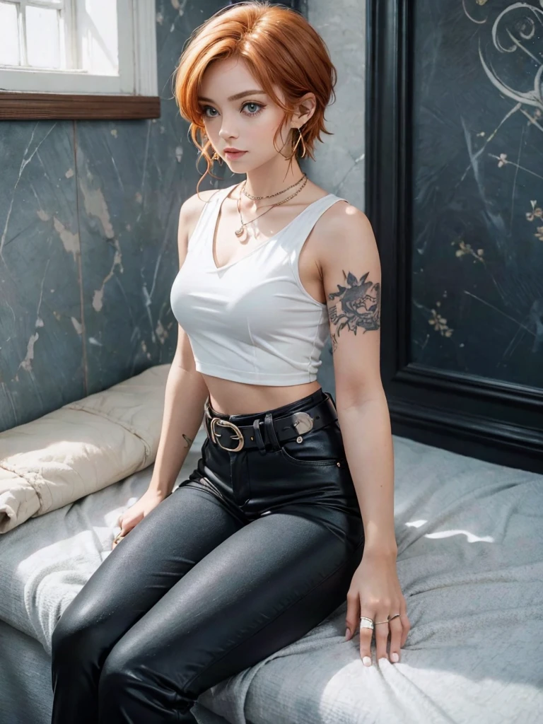 (masterpiece), highest quality, Girl sitting by the window, Emotional, emo girl,Sad girl, redhead,cute, quick wit, close,short hair, blue eyes, black clothes, sensual, (shining eyes), aesthetics,style, stylish, earrings, cheerfulness,Naughty, Naughty, smug, Excellent, Ear Nipple Ring, the wallpaper, 4K, wall, nice, bad, cropped shirt, defined abdomen, sexy, belt, Black pantsuit, comfortable,
Break she uses a sleeveless shirt, She wears a cropped white shirt, She wears a necklace, she has a tattoo on her arm, she has tattoos on her abdomen, she was wearing black pants
