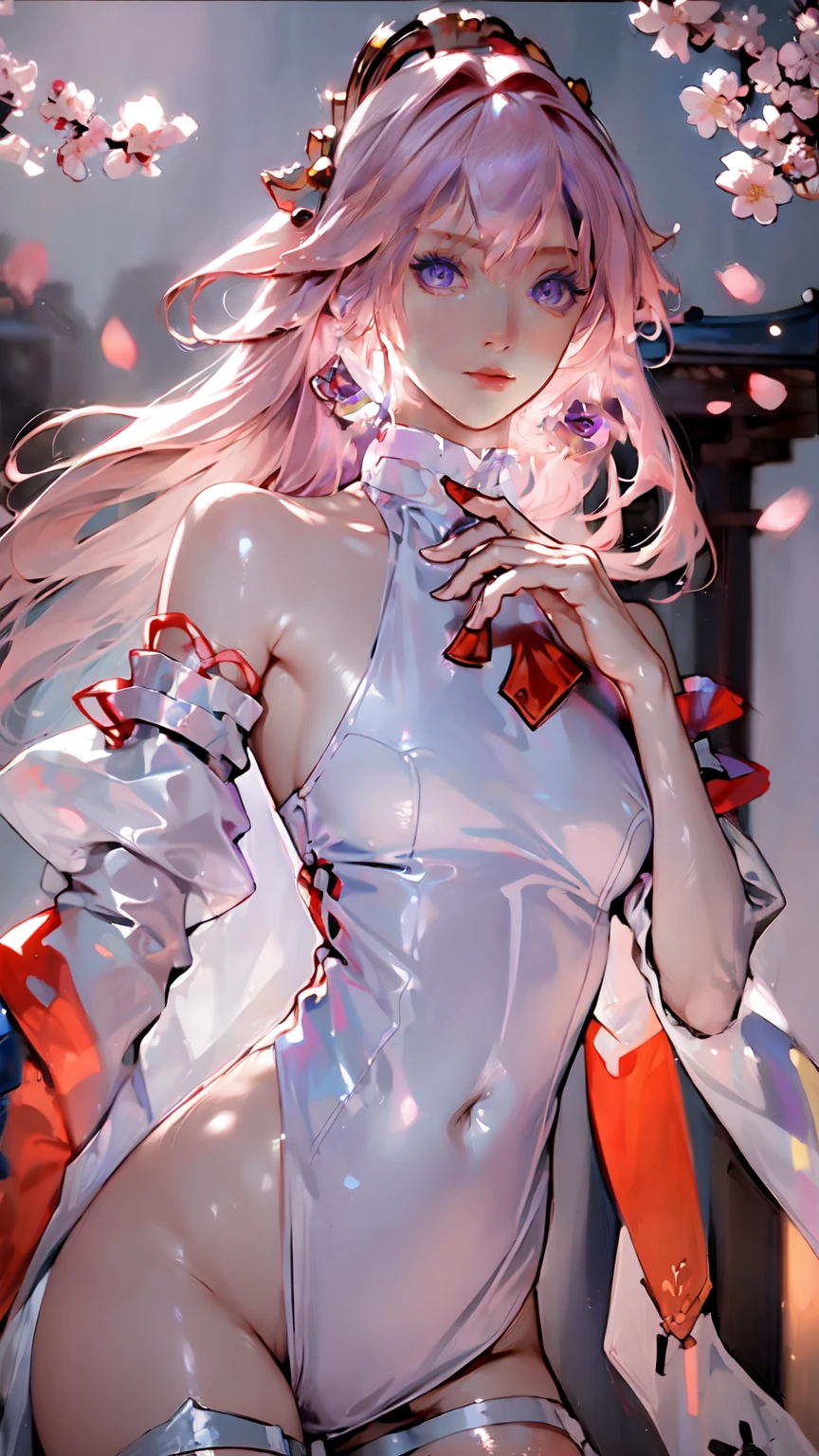 Masterpiece, Excellent, 1girl, solo, complex details, color difference), realism, ((medium breath)), off-the-shoulders, big breasts, sexy, Yae Miko, long pink hair, red headdress, red highlight, hair above one eye, purple eyes, earrings, sharp eyes, perfectly symmetrical figure, choker, neon shirt, open jacket, turtleneck sweater, against the wall, brick wall, graffiti, dim lighting, alley, looking at the audience, ((mean, seductive, charming)), ((cherry blossom background))),((Japanese temple background)))), (((luminous background))), (dynamic pose), tulle, bare shoulders, blooming flower fields, radiant skin, faint smile, sexy, bust, no breast cover, naked, cocked ass, tummy look, ((nsfw))