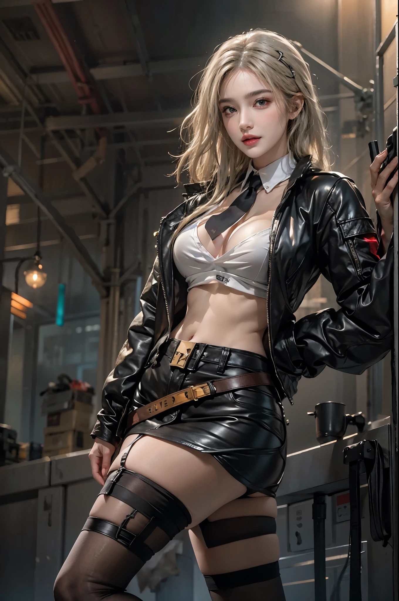 realistic, High resolution, soft light,1 female, alone, hip up, glowing skin, (detailed face),tattoo, jewelry, Bizarre uniform, black stockings, garter belt, night, blonde hair, wavy hair, Beautiful Soldier, Eyes that invite the viewer, lover&#39;s perspective, an inviting look, sexy smile, perfect style, perfect balance, fine skin, naughty look, I can see your chest、cyber punk